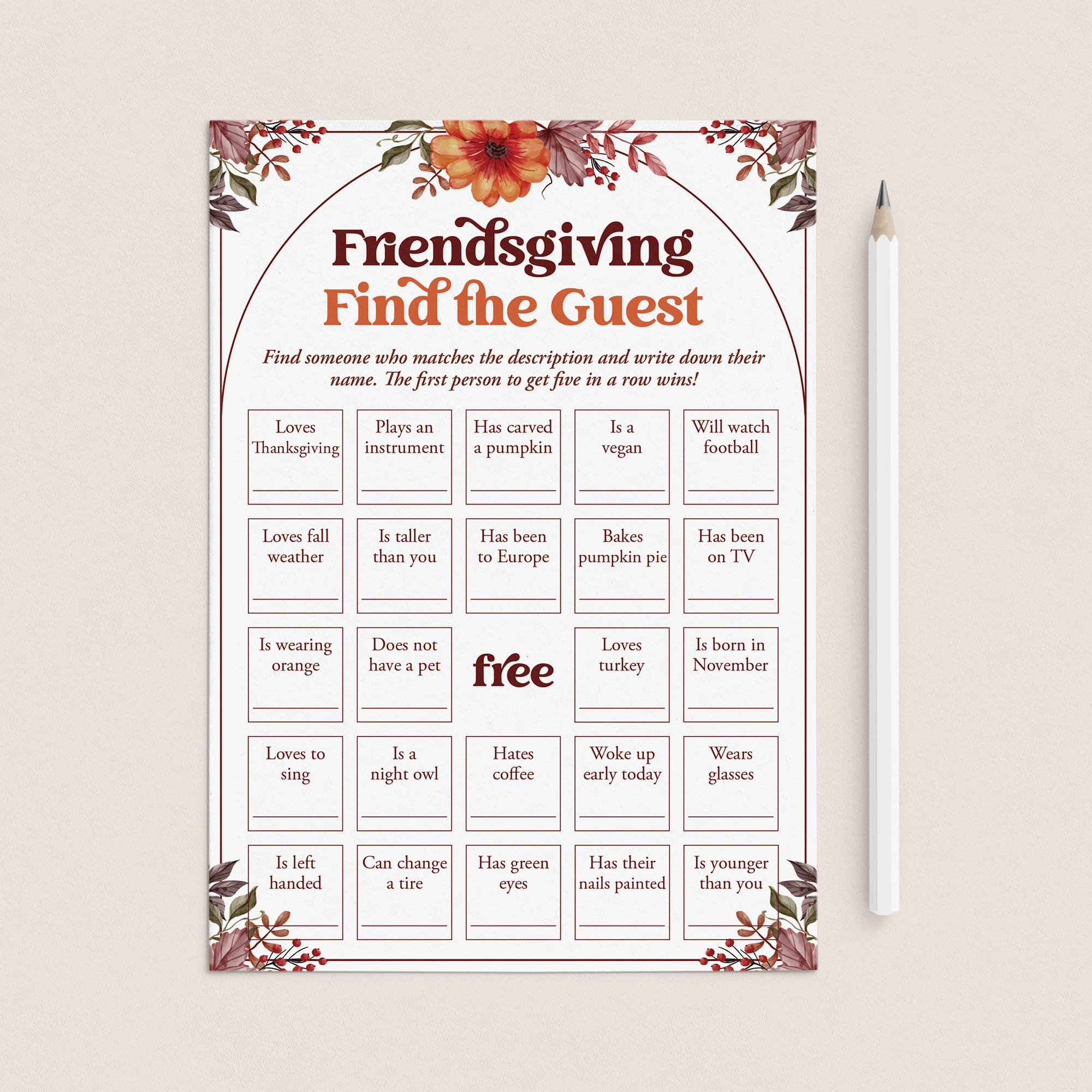 Friendsgiving Find The Guest Bingo Printable Icebreaker by LittleSizzle