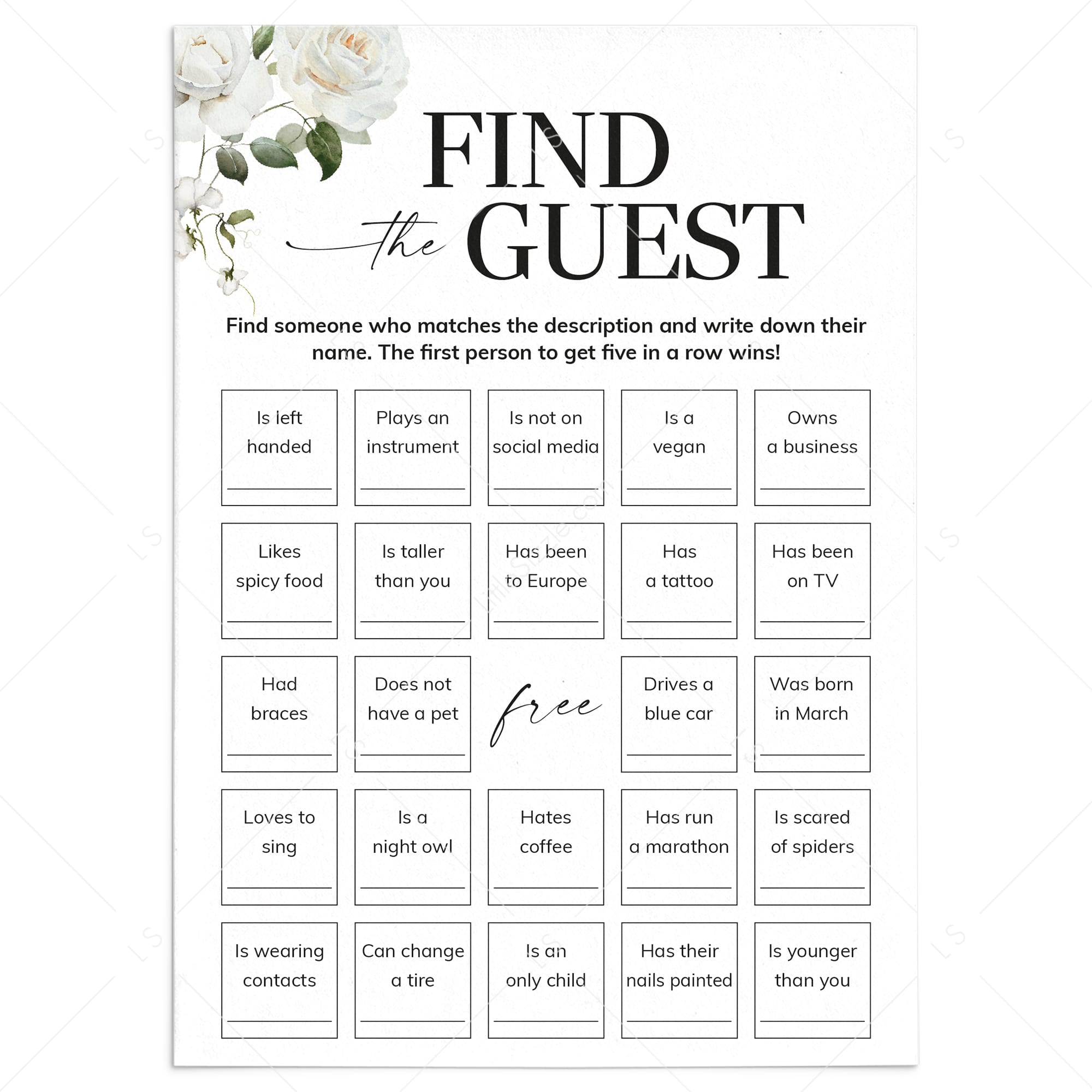 Find The Guest Bingo Card Printable White Floral by LittleSizzle