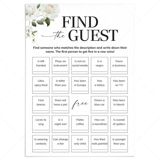 Find The Guest Bingo Card Printable White Floral by LittleSizzle