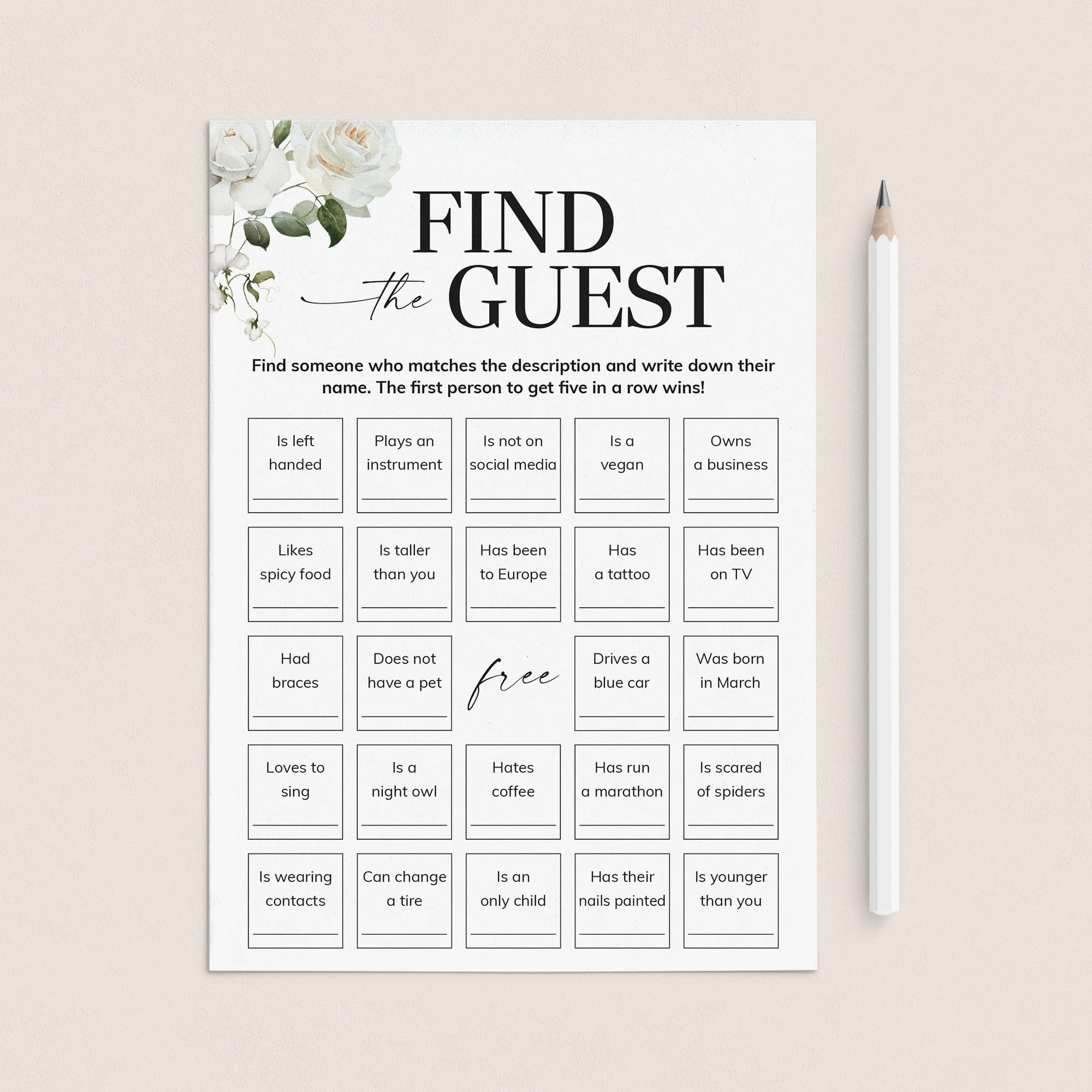 Find The Guest Bingo Card Printable White Floral by LittleSizzle
