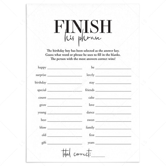 Finish His Phrase Mens Birthday Party Game Printable by LittleSizzle