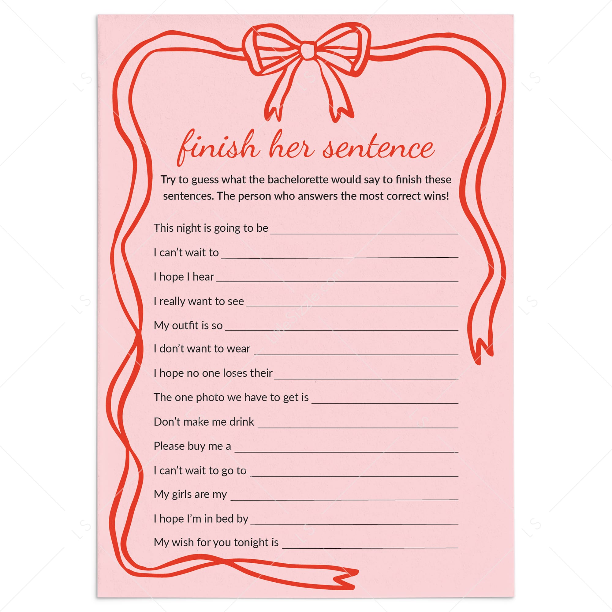 Bachelorette Finish Her Sentence Game Pink Coquette Bow Theme by LittleSizzle