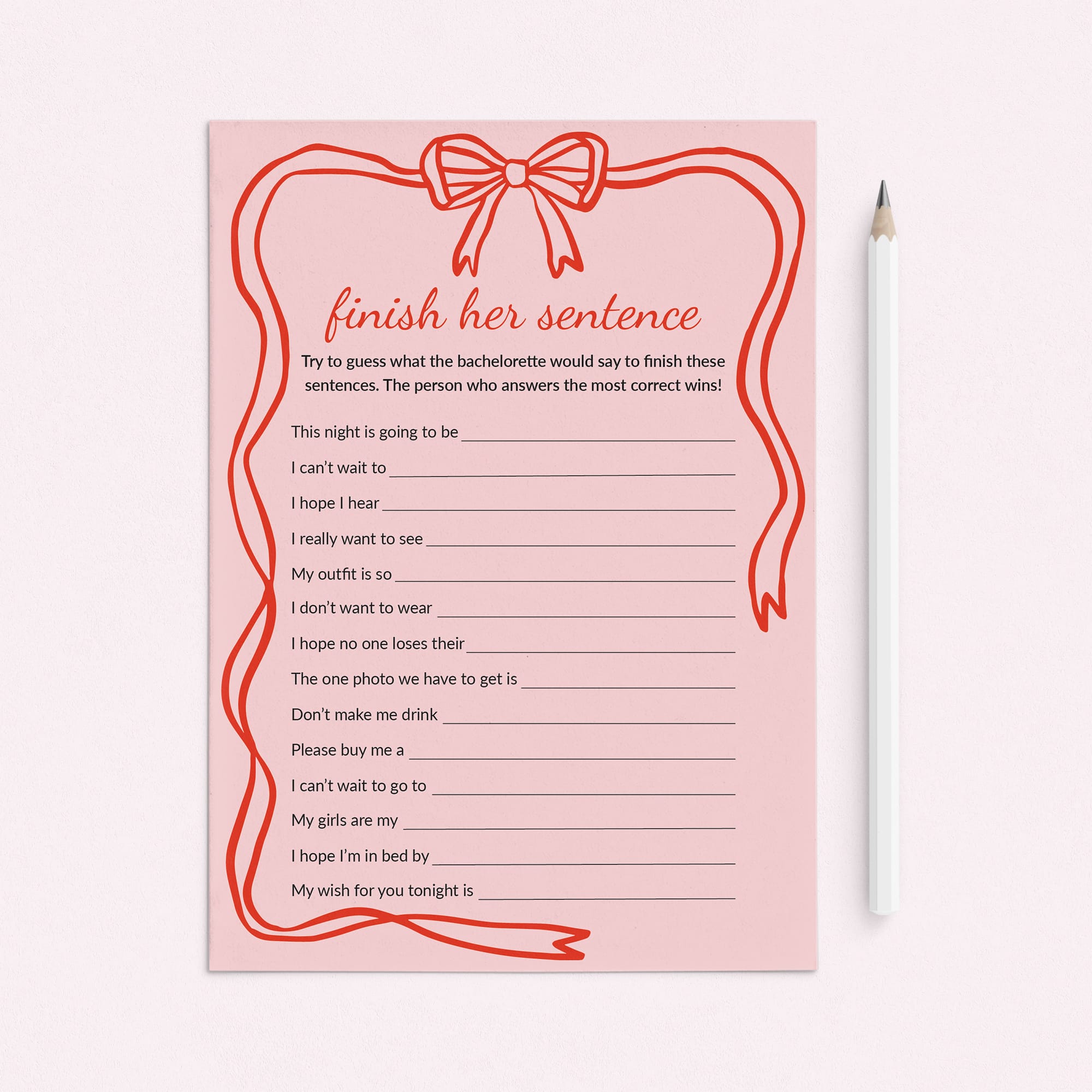 Bachelorette Finish Her Sentence Game Pink Coquette Bow Theme by LittleSizzle