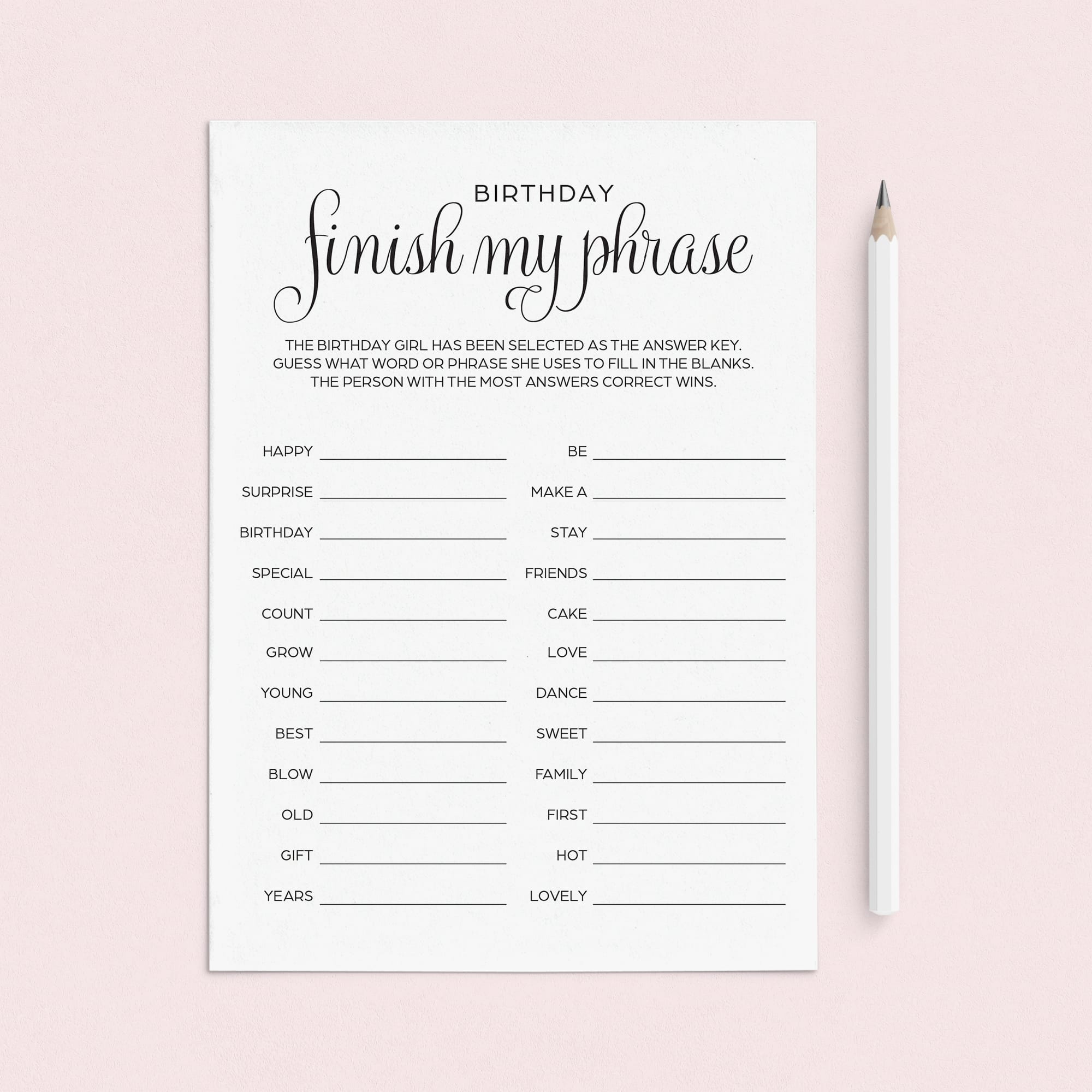 Simple Birthday Party Game Finish My Phrase Instant Download by LittleSizzle