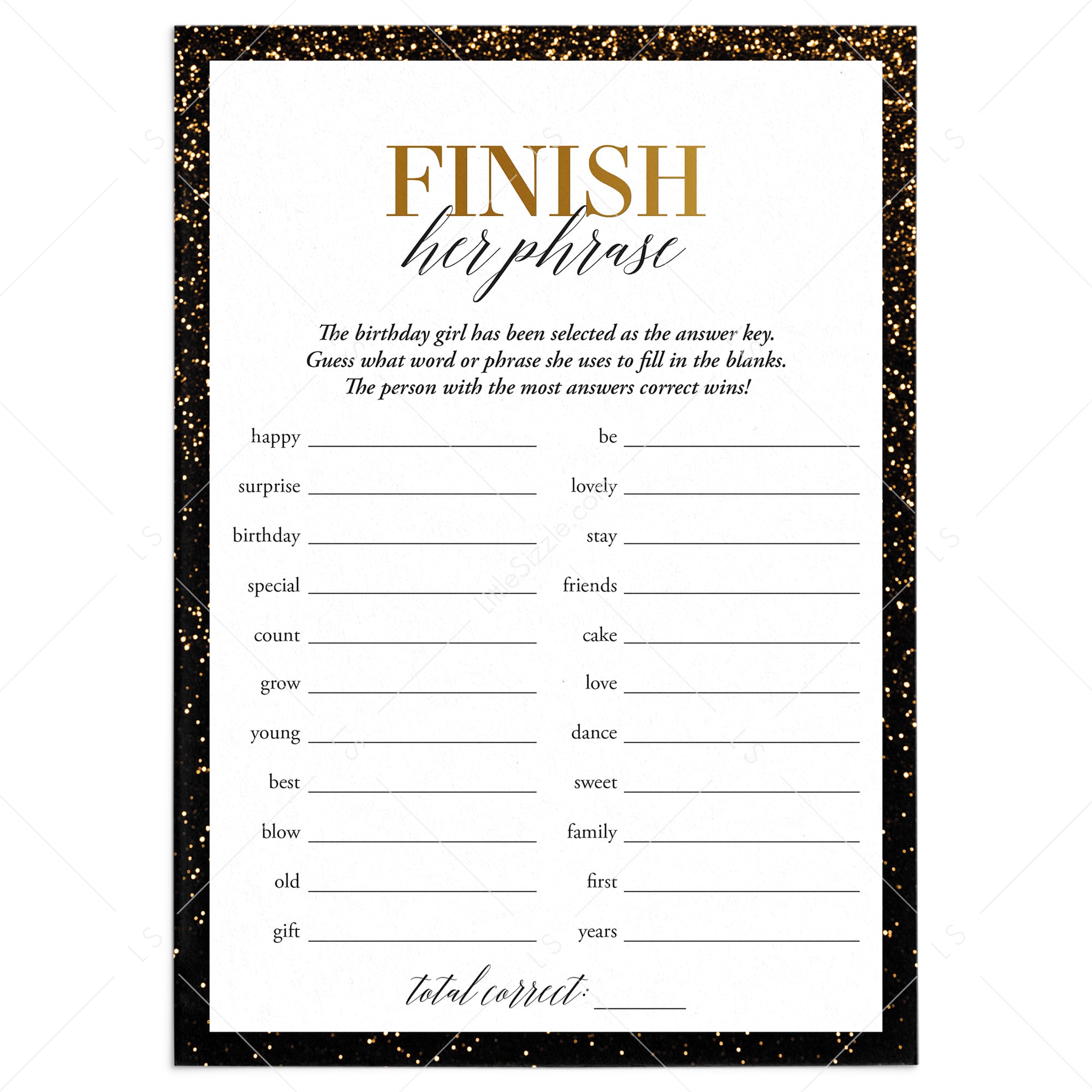 Black and Gold Birthday Party Game Finish Her Phrase Printable by LittleSizzle