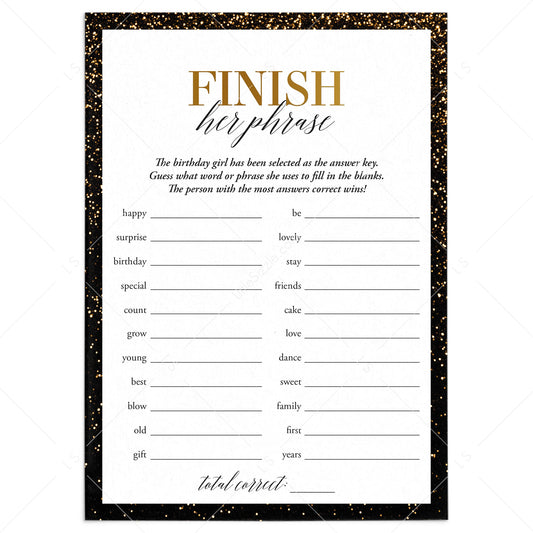 Black and Gold Birthday Party Game Finish Her Phrase Printable by LittleSizzle