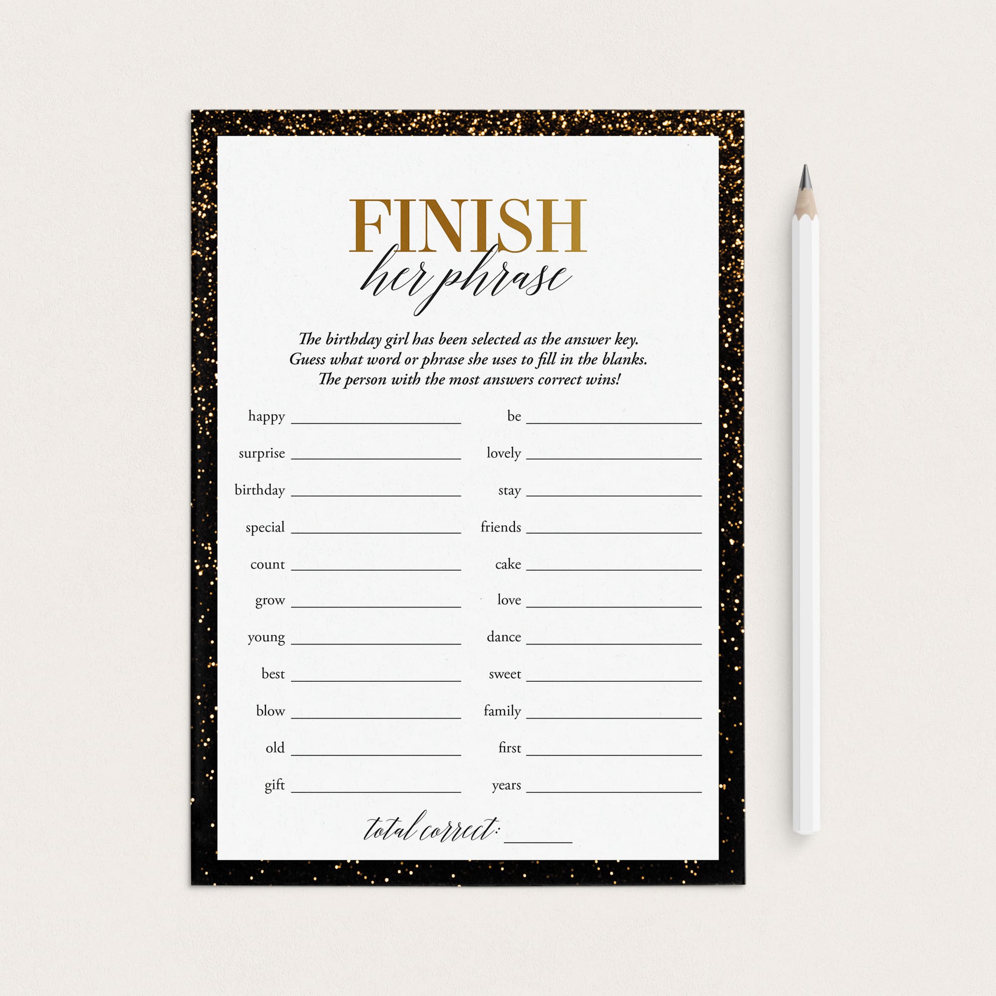 Black and Gold Birthday Party Game Finish Her Phrase Printable by LittleSizzle