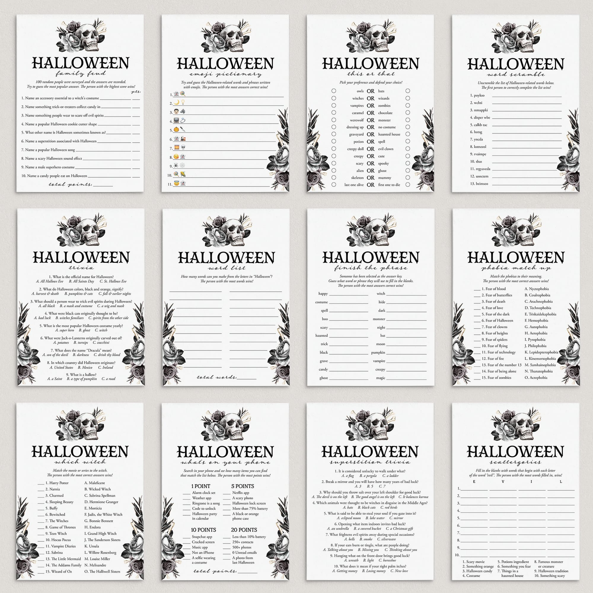 Gothic Black Halloween Party Games with Floral Skull Printable by LittleSizzle