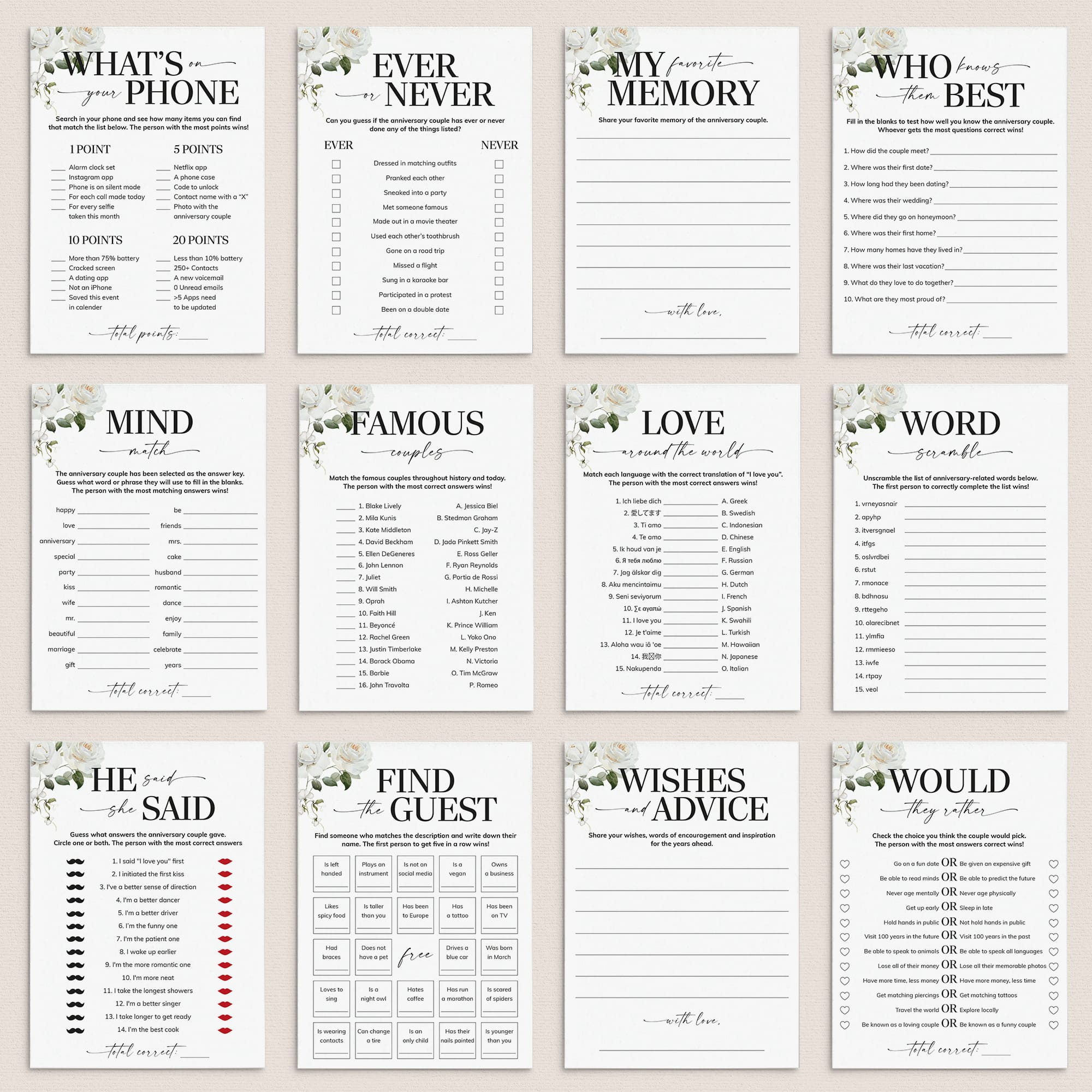 Floral Wedding Anniversary Games Bundle Printable by LittleSizzle