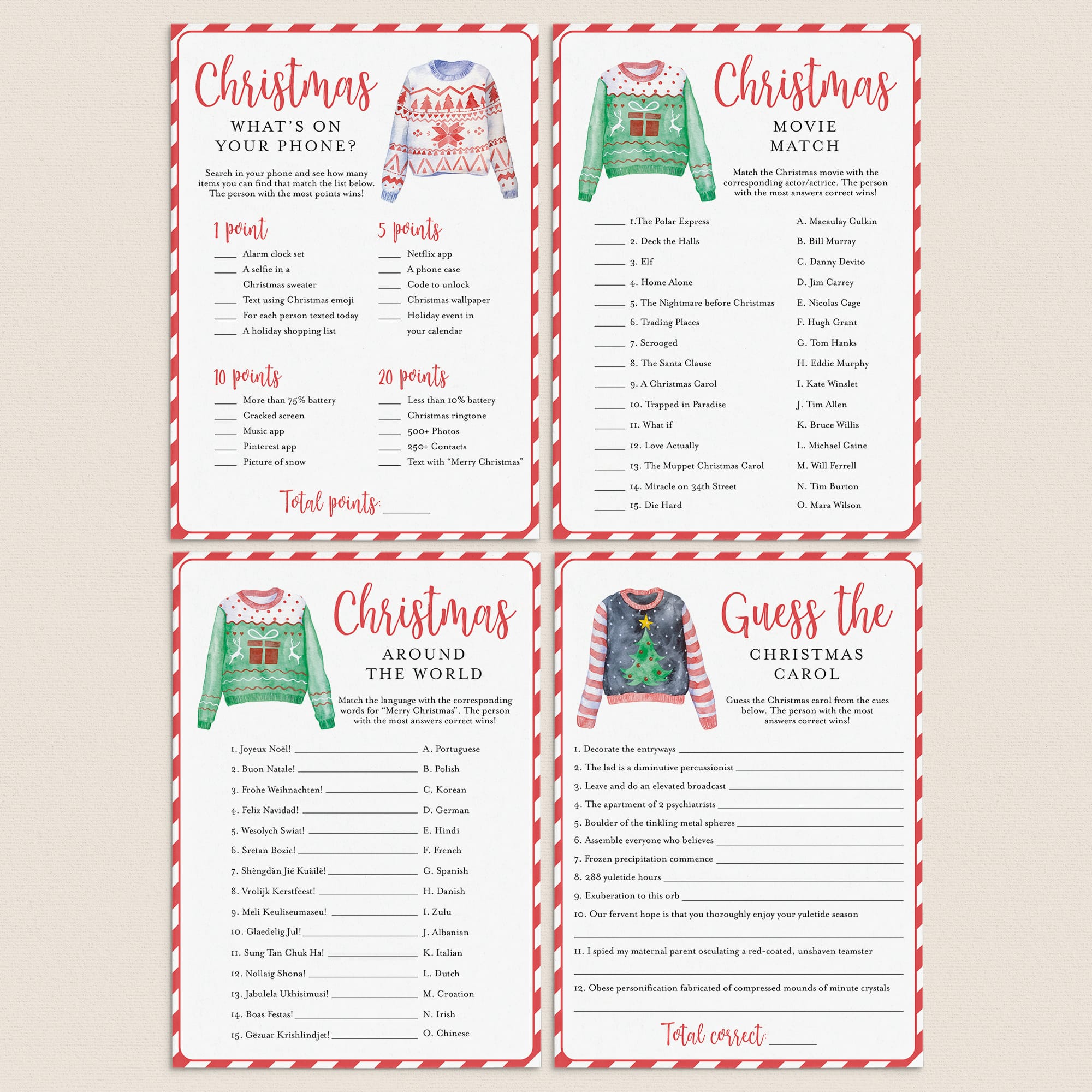 Four Christmas-themed party game cards arranged in a 2x2 grid on a light beige background. The cards feature red and white borders, festive holiday fonts, and illustrations of sweaters.