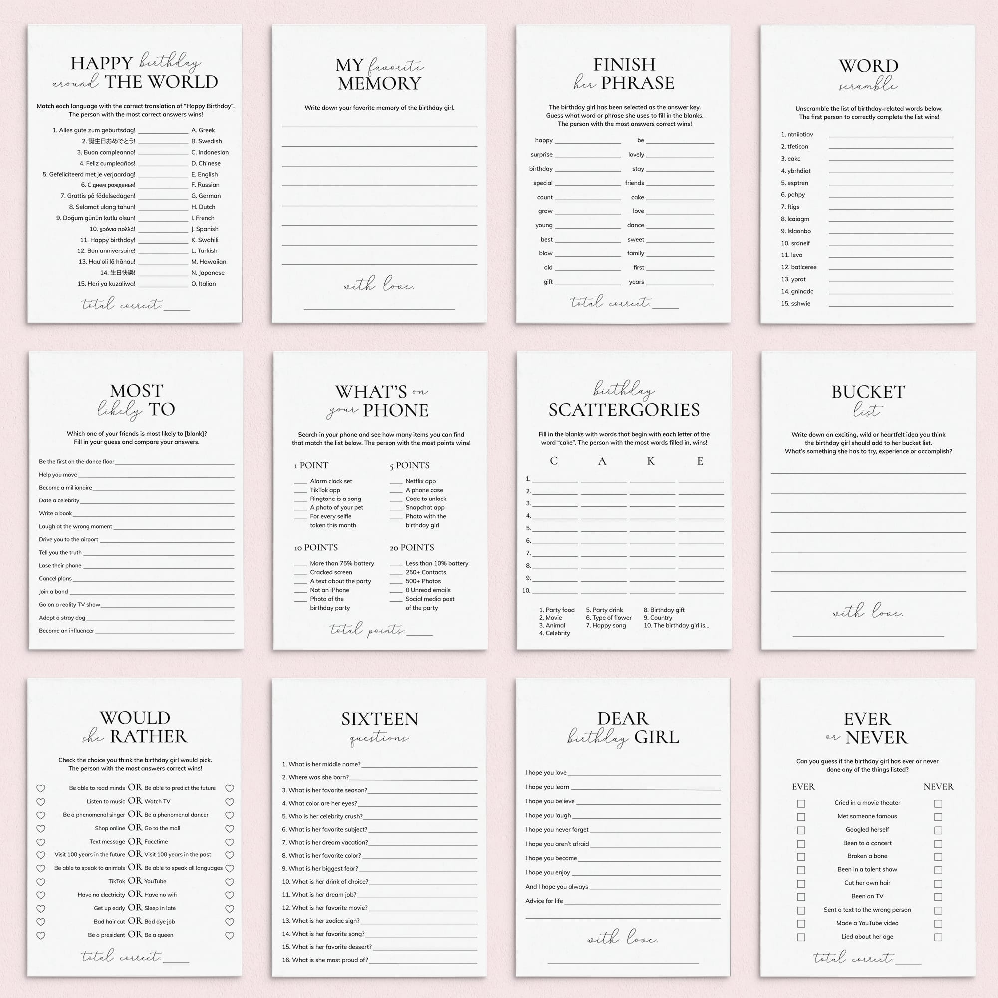 16th Birthday Party Games Bundle for Her Sweet Sixteen by LittleSizzle