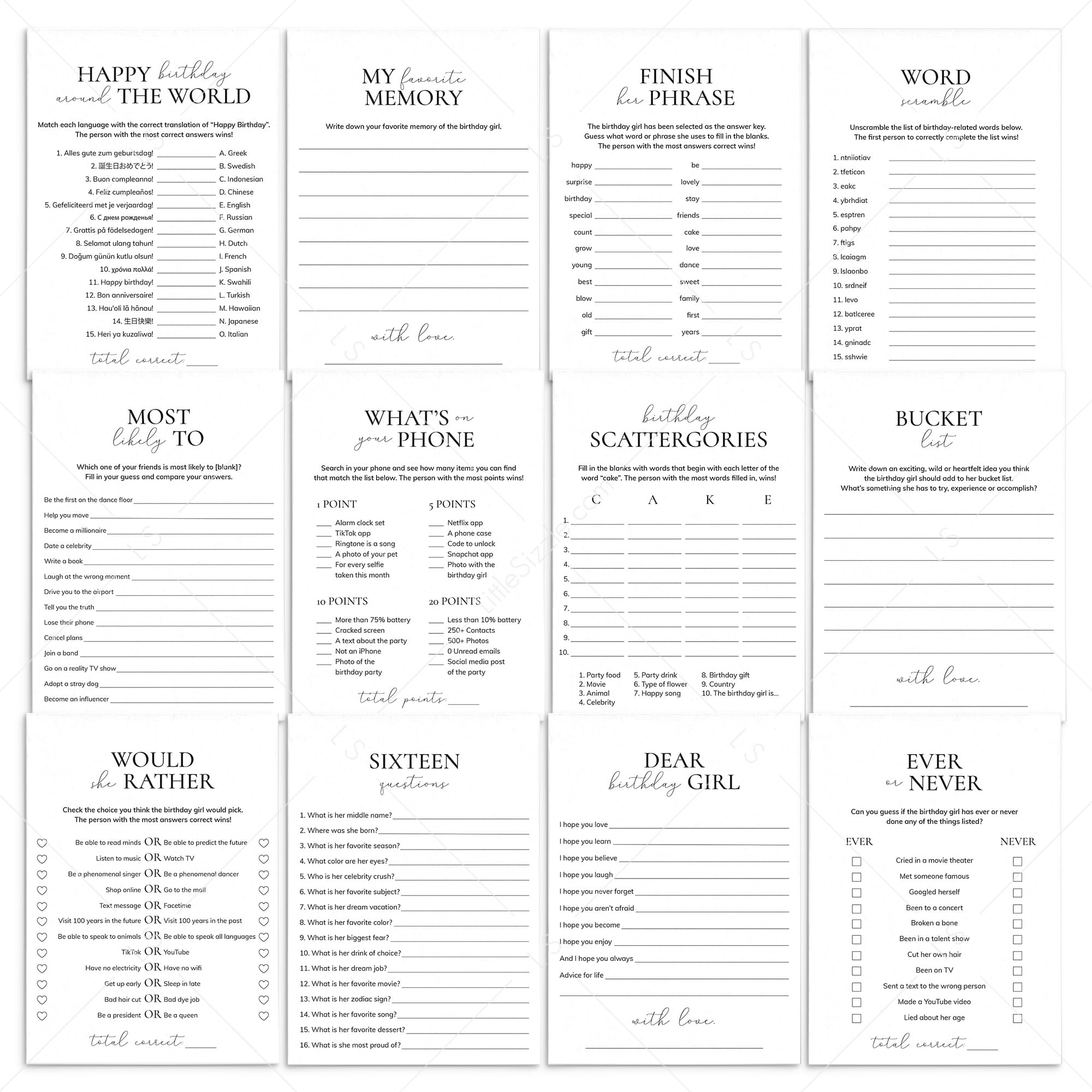 16th Birthday Party Games Bundle for Her Sweet Sixteen by LittleSizzle