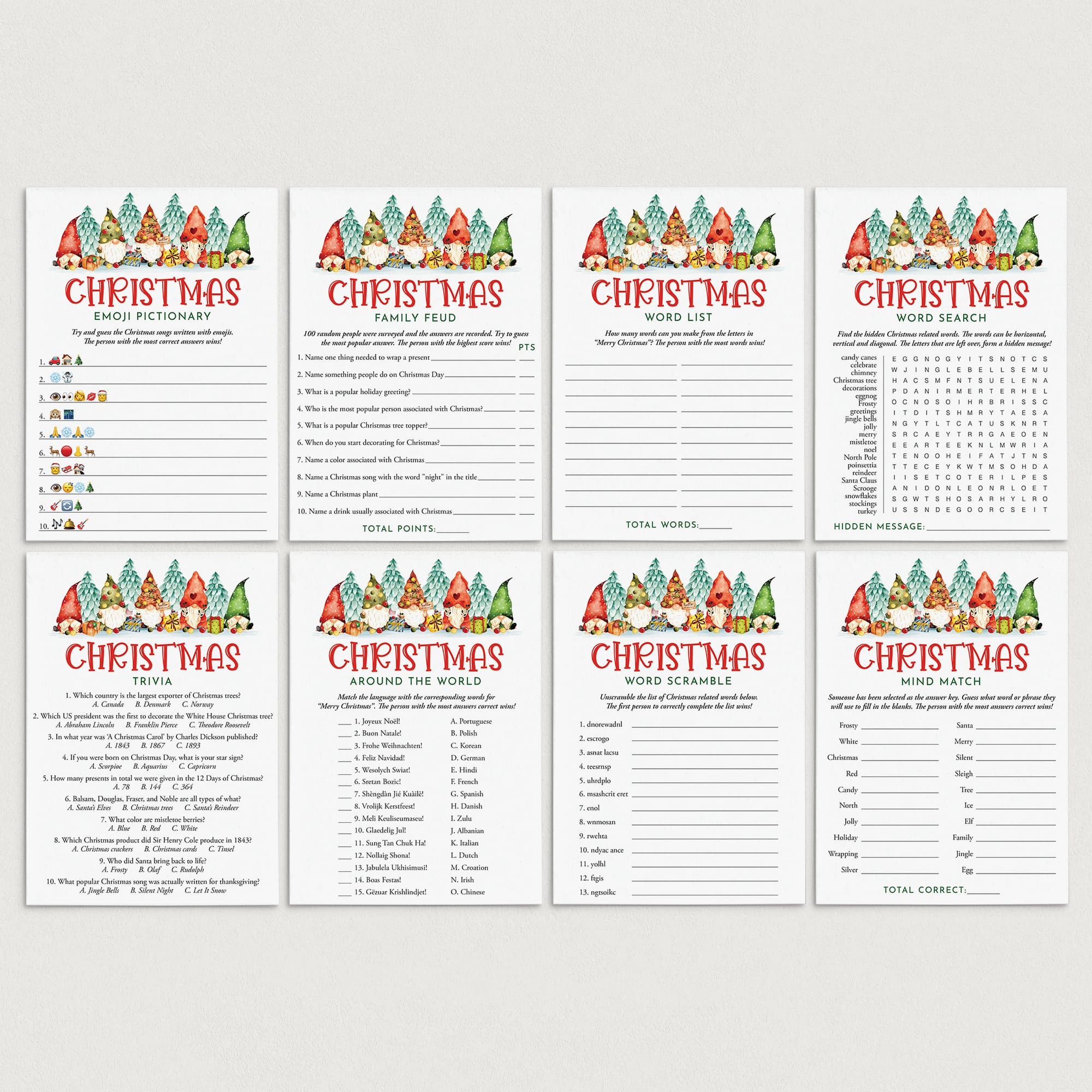 Gnomes Christmas Games for Family Printables by LittleSizzle