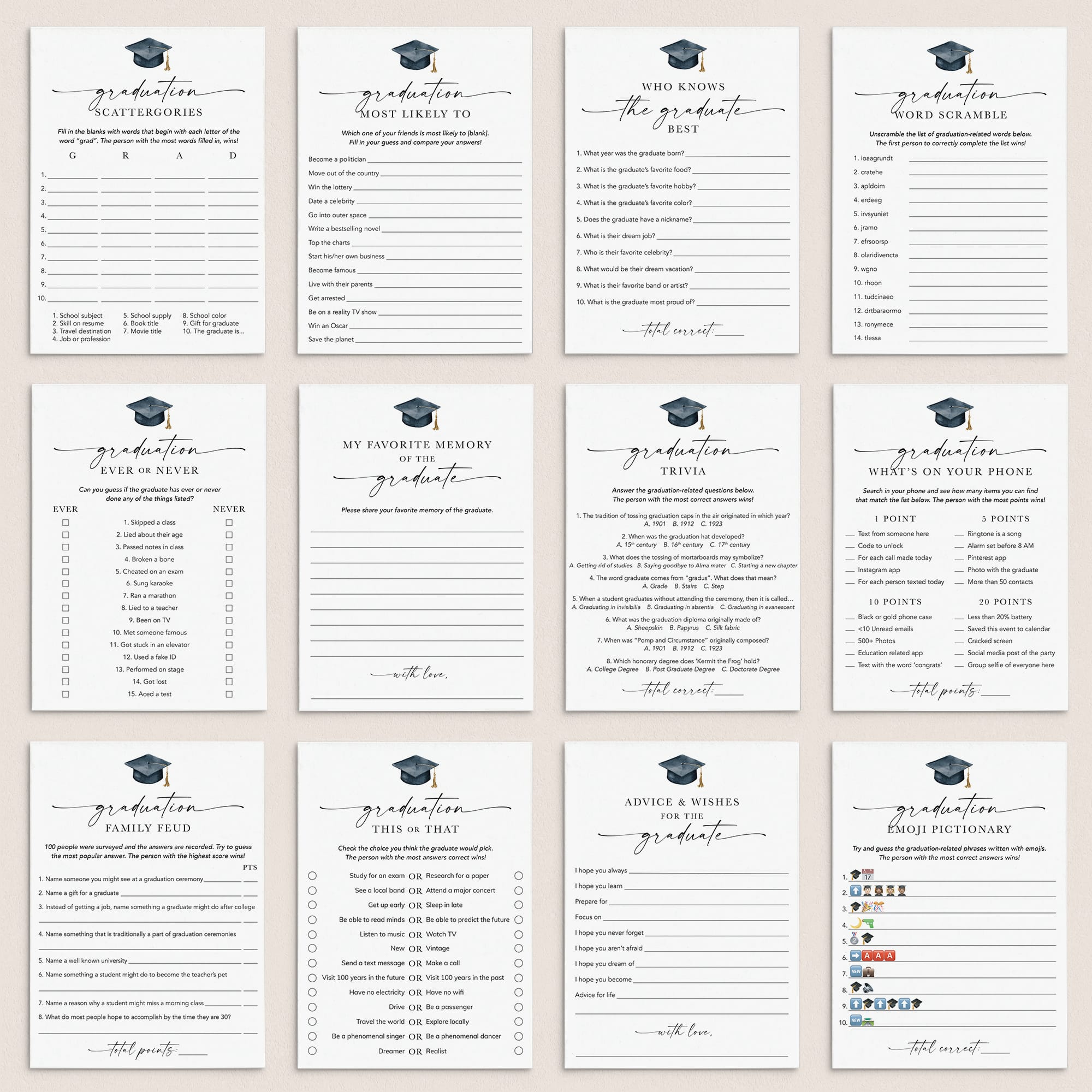 Modern Script Graduation Games Bundle Printable by LittleSizzle