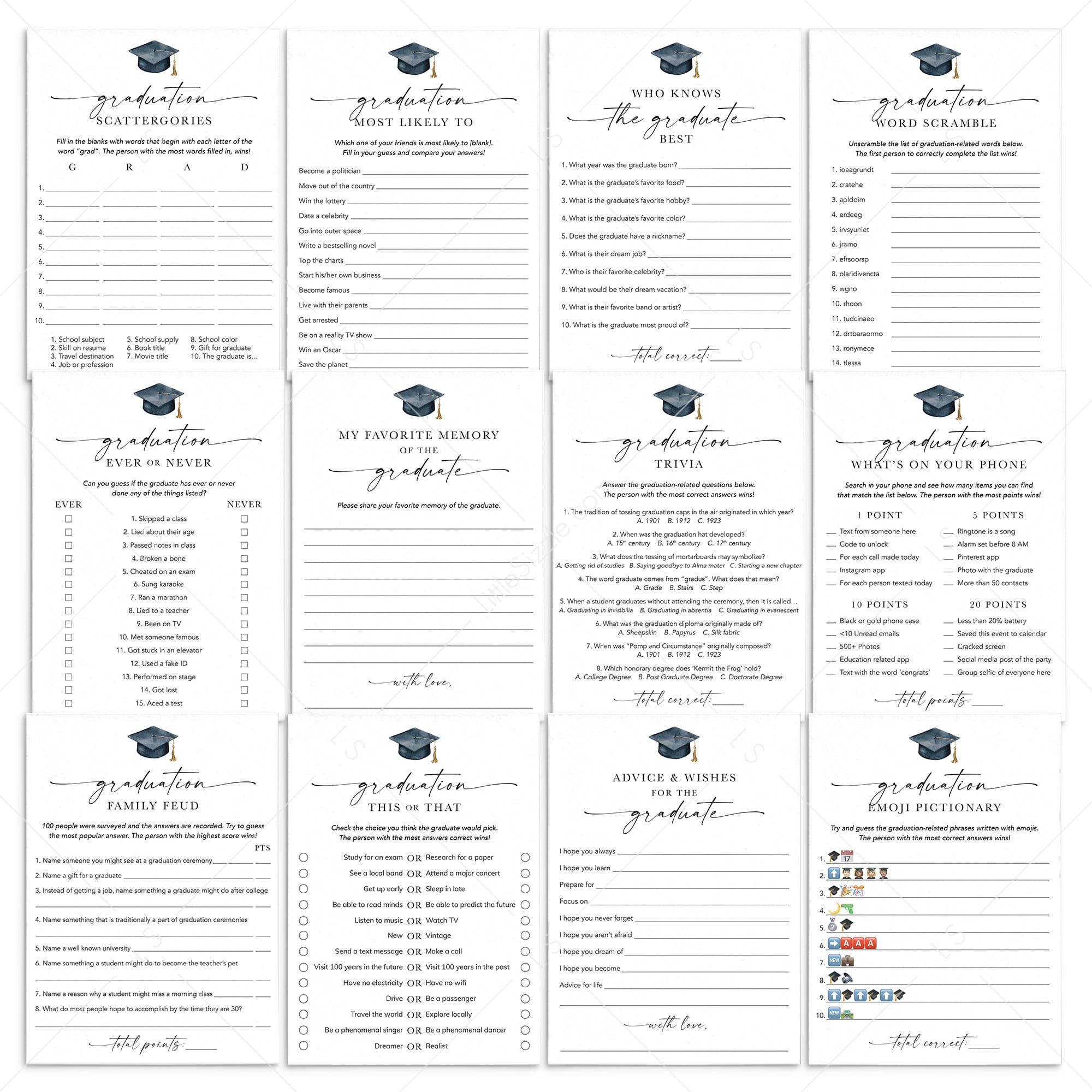 Modern Script Graduation Games Bundle Printable by LittleSizzle