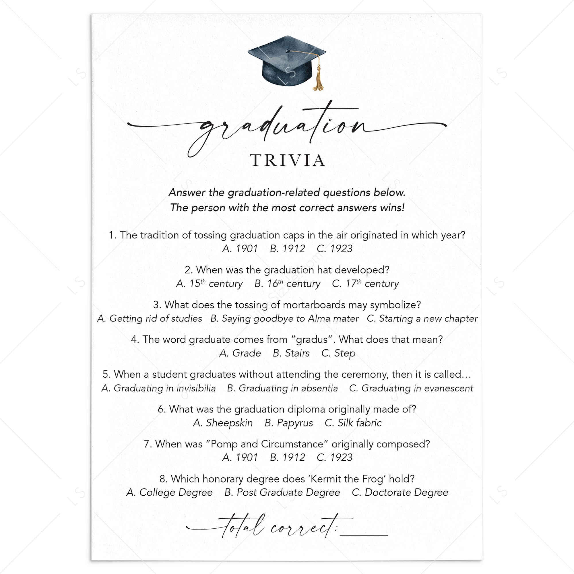 Printable Graduation Trivia Quiz Answers Included by LittleSizzle