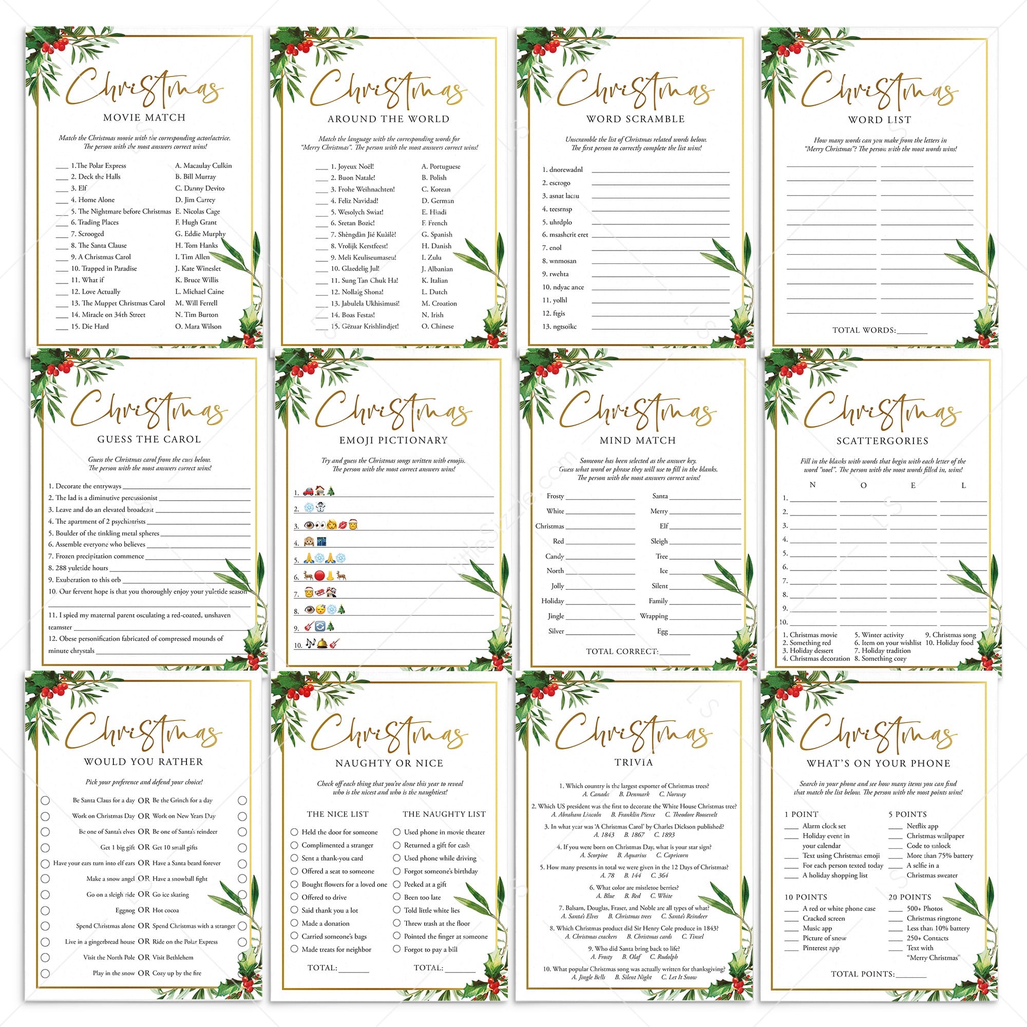 Gold and Greenery Christmas Games Bundle Printable by LittleSizzle