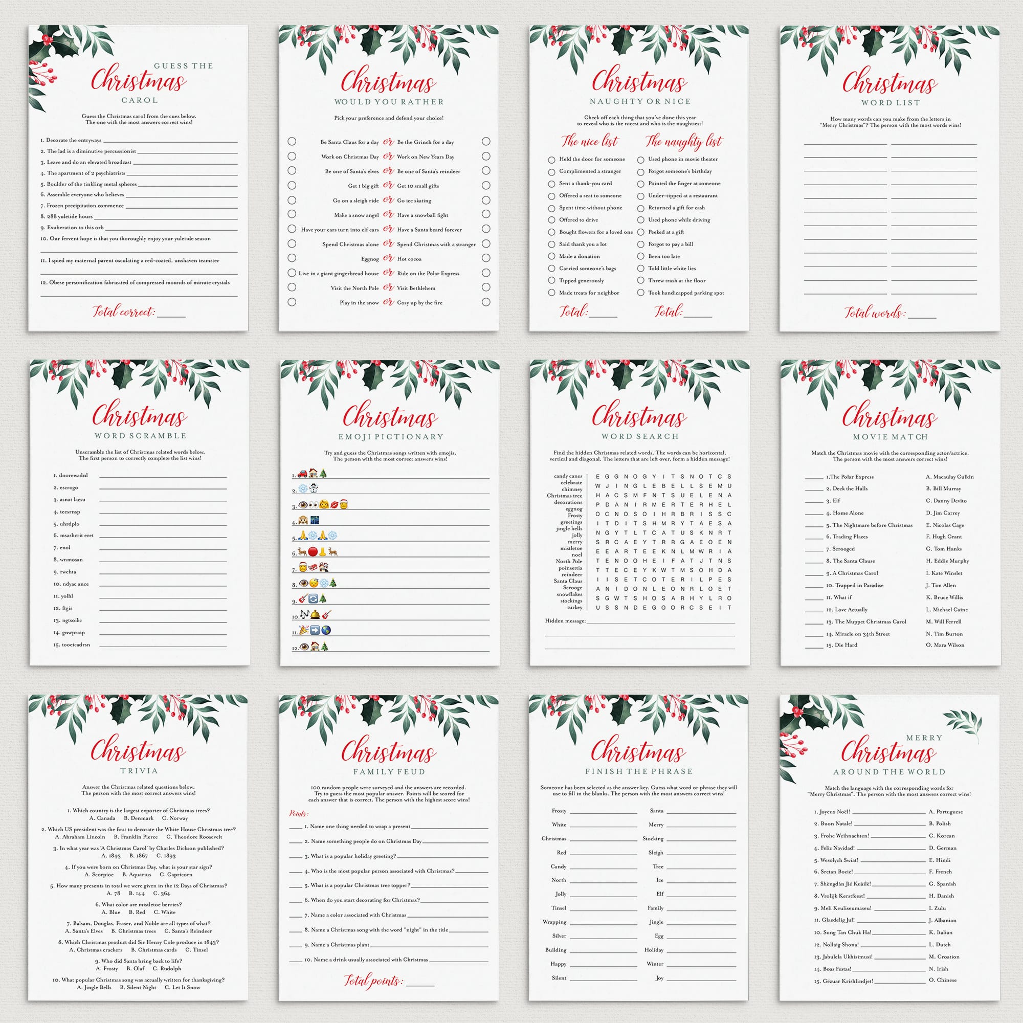 12 Holiday Party Games Printable Greenery Theme Christmas by LittleSizzle