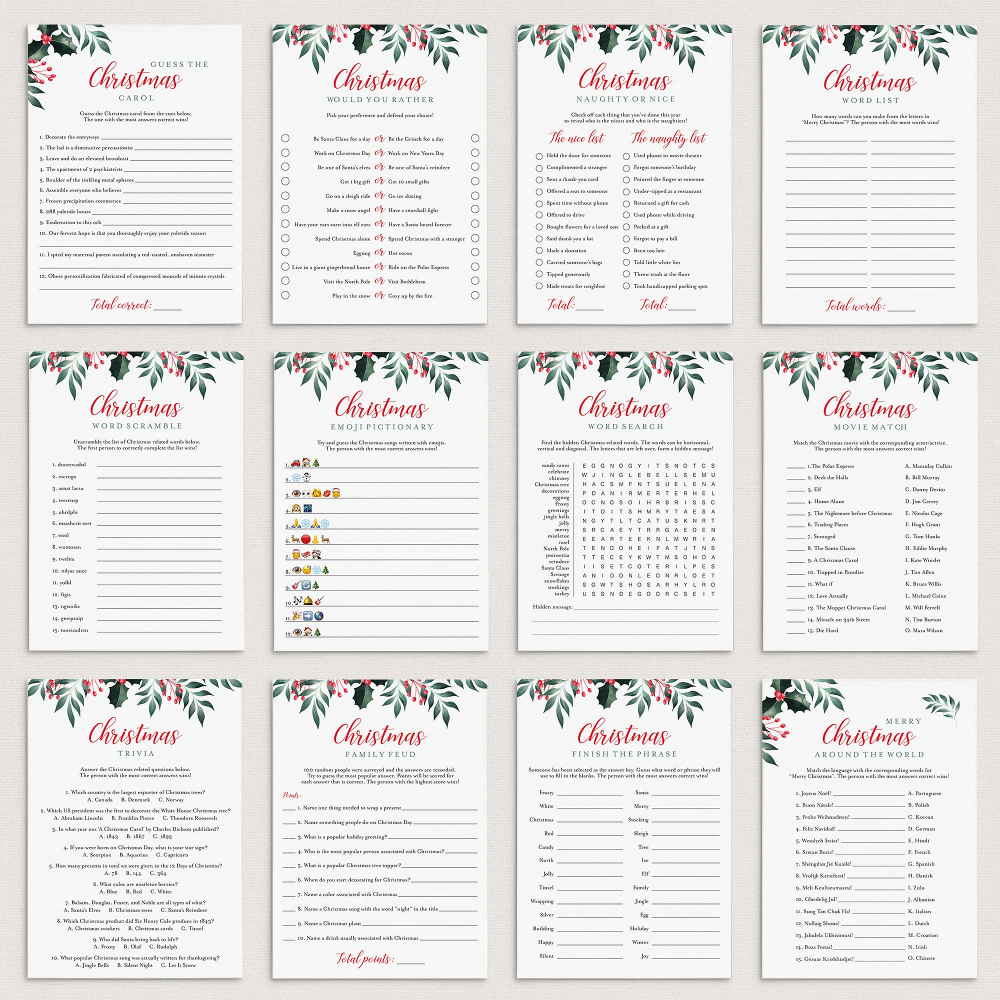 12 Holiday Party Games Printable Greenery Theme Christmas + FREE Secret Santa Questionnaire by LIttlesizzle