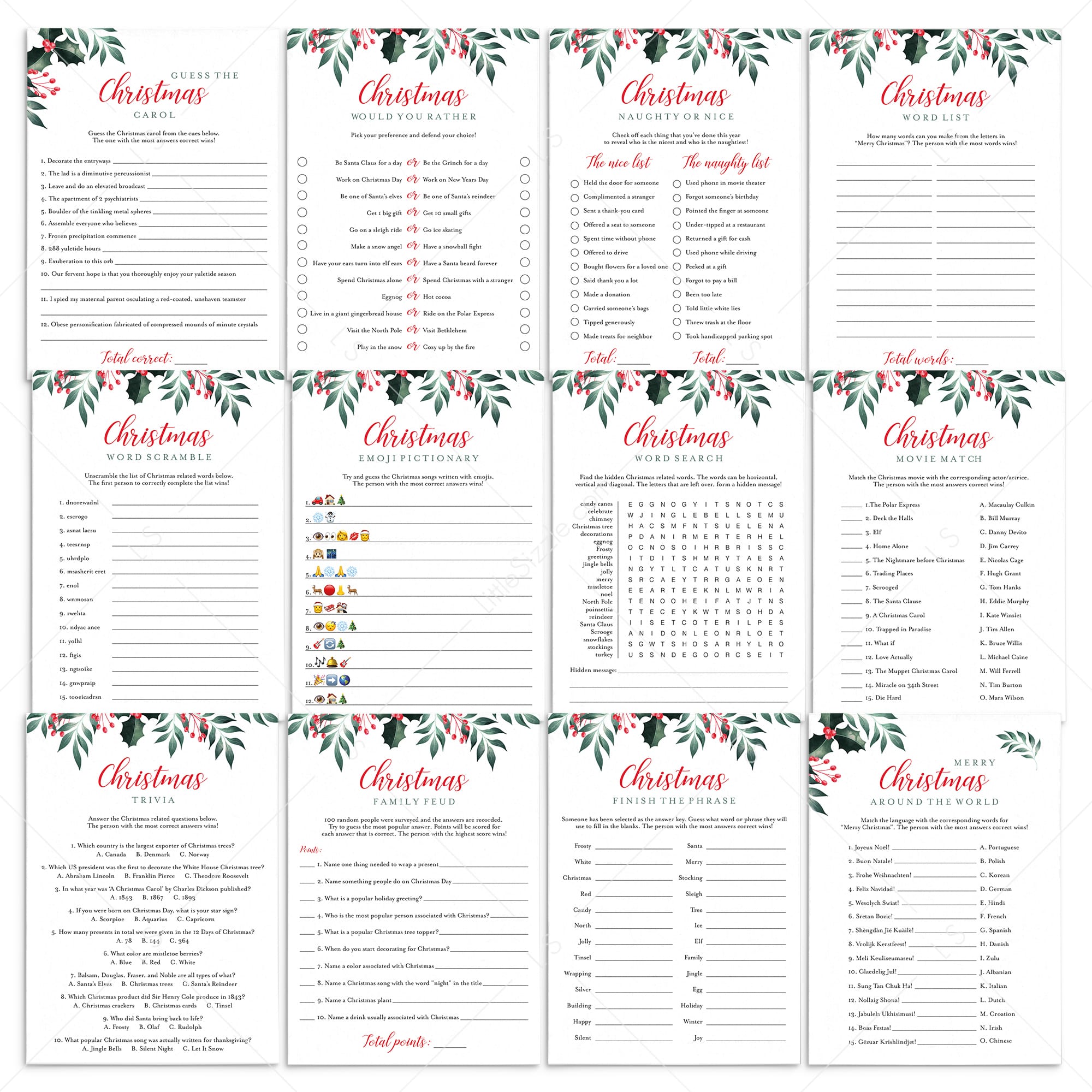 12 Holiday Party Games Printable Greenery Theme Christmas + FREE Secret Santa Questionnaire by LIttlesizzle