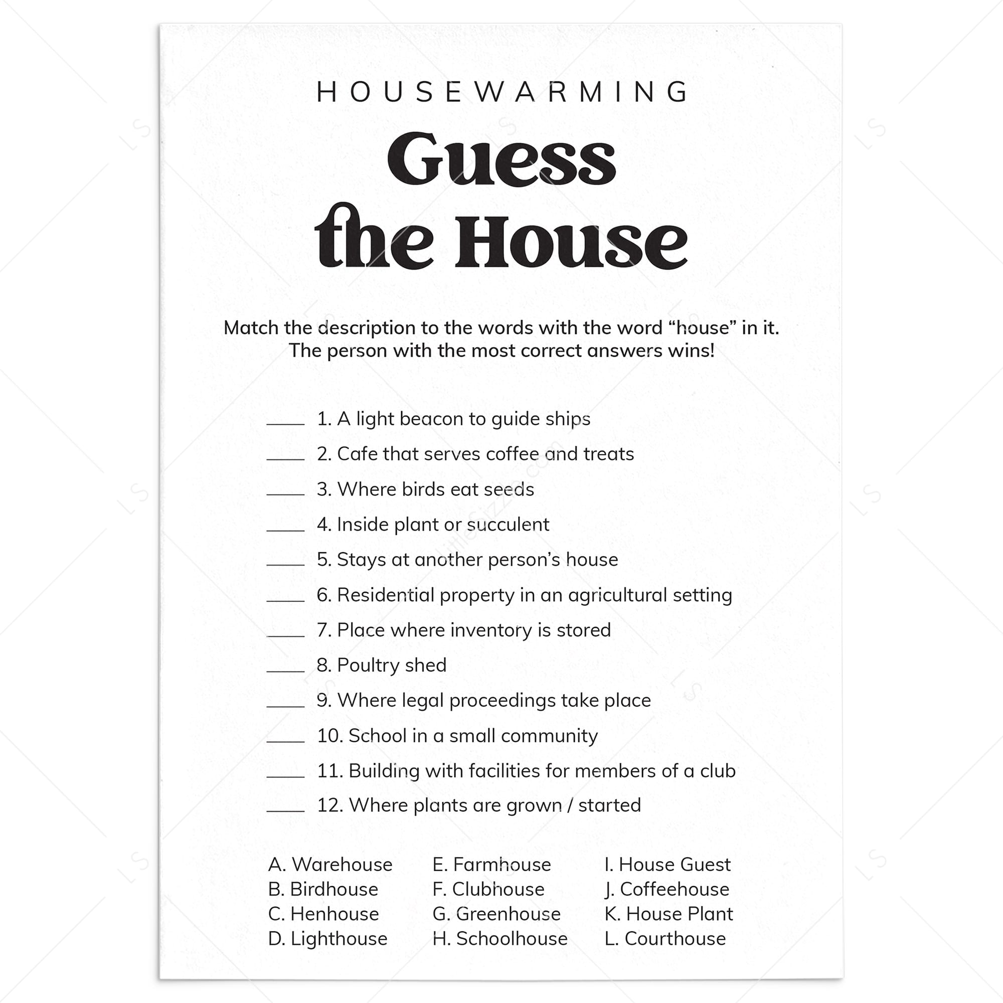 Printable Housewarming Game Guess The House by LittleSizzle