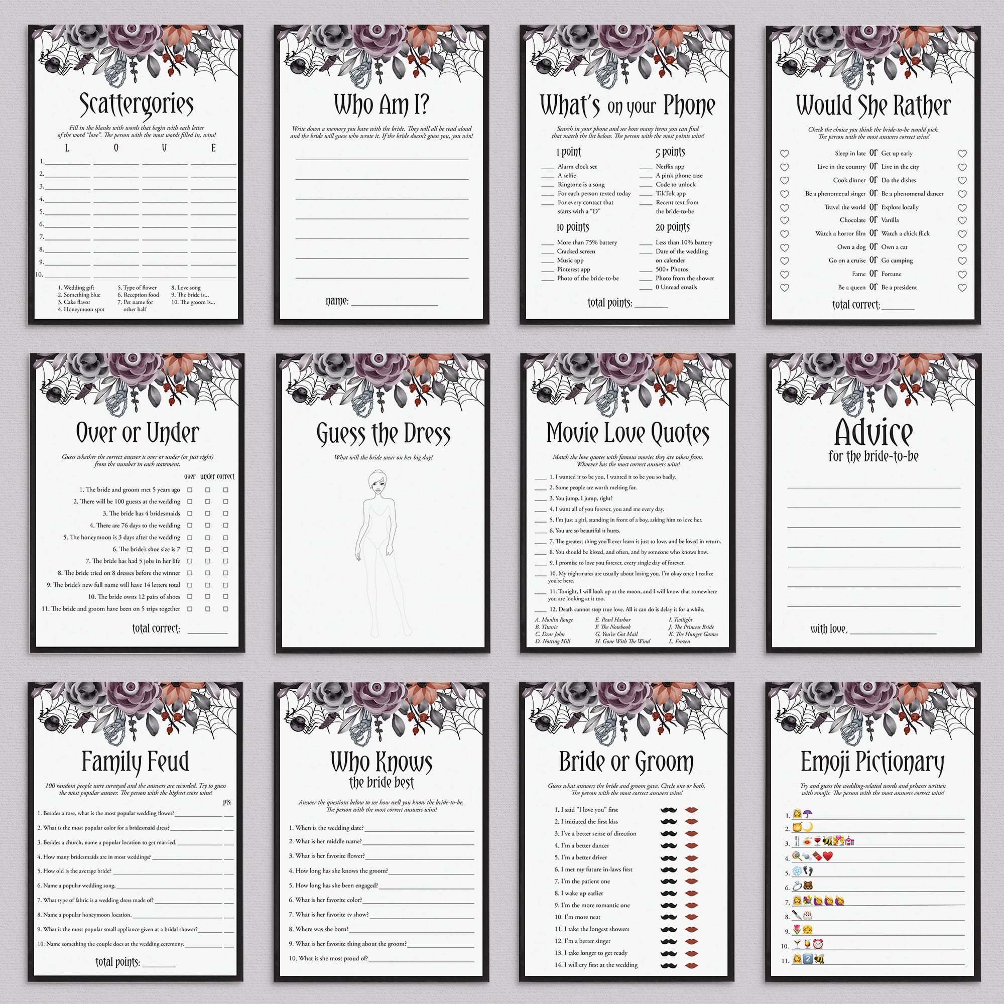 Halloween Bridal Shower Games Bundle Black Purple Floral by LittleSizzle