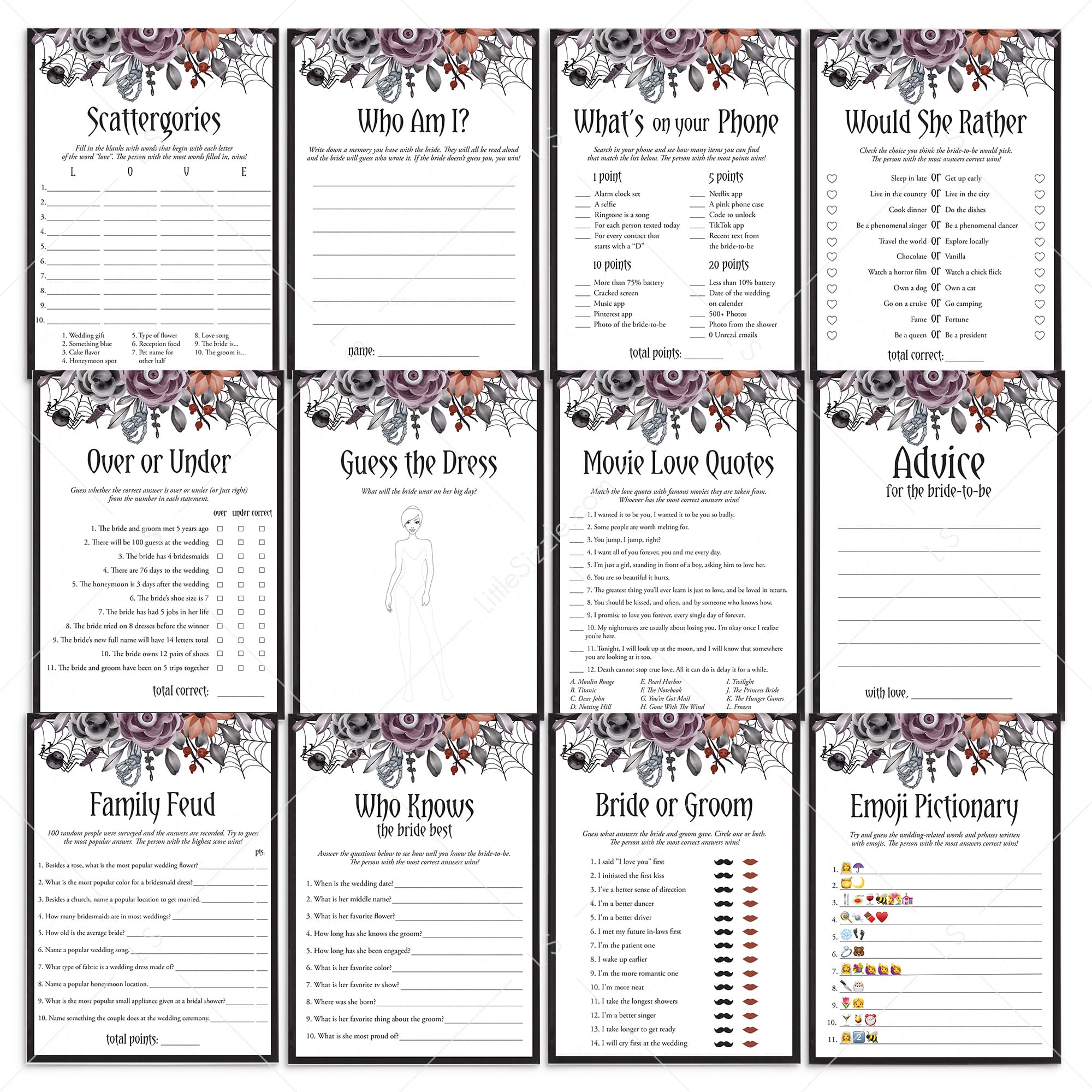 Halloween Bridal Shower Games Bundle Black Purple Floral by LittleSizzle