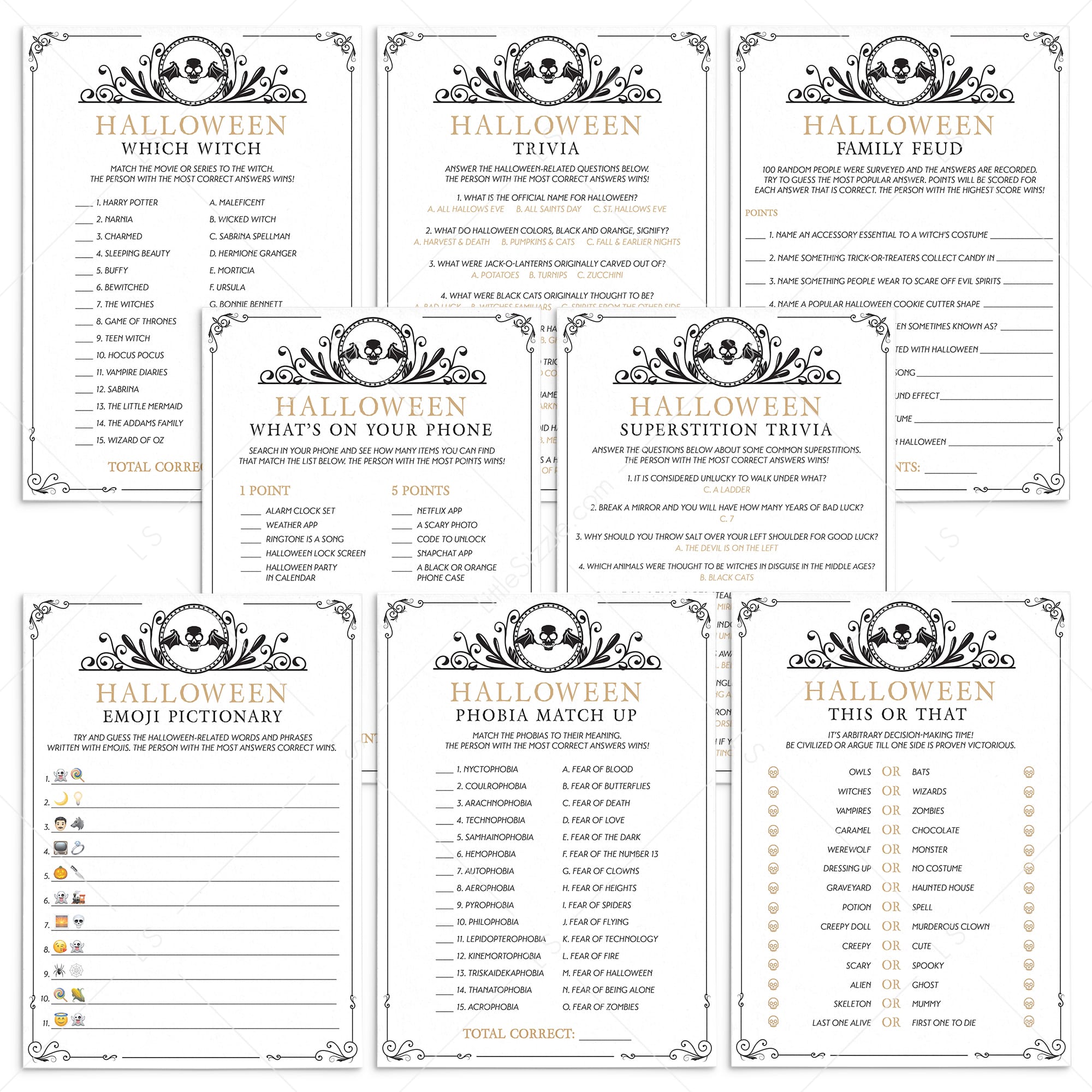 Popular Halloween Party Games Bundle Printable Black & Gold Skull by LittleSizzle