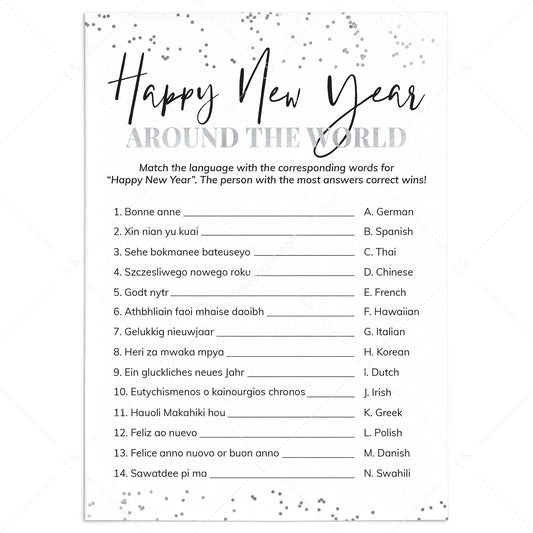 Happy New Year Language Game With Answer Key Printable by LittleSizzle