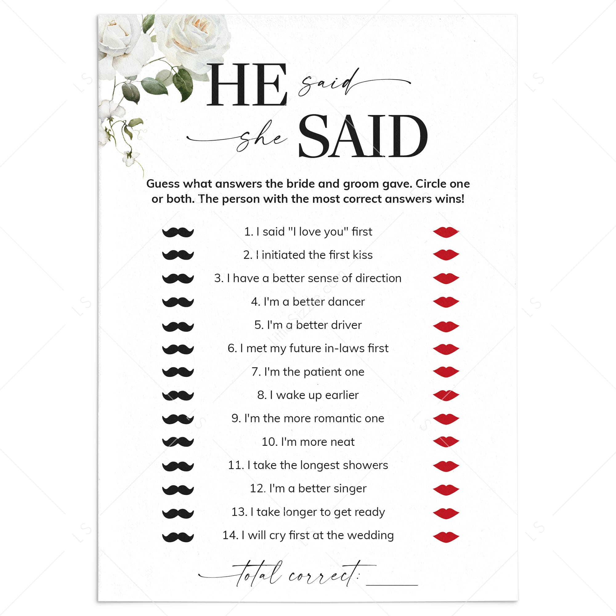 He Said She Said Game Questions for Couples Shower Printable by LittleSizzle