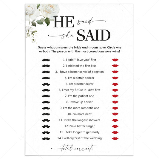 He Said She Said Game Questions for Couples Shower Printable by LittleSizzle