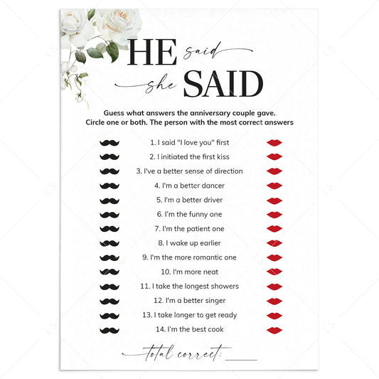He Said She Said Anniversary Party Game Printable by LittleSizzle