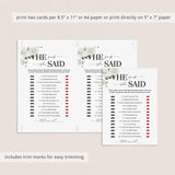 He Said She Said Game Questions for Couples Shower Printable
