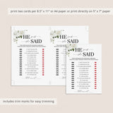 He Said She Said Anniversary Party Game Printable
