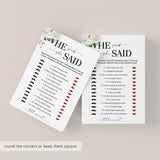 He Said She Said Game Questions for Couples Shower Printable