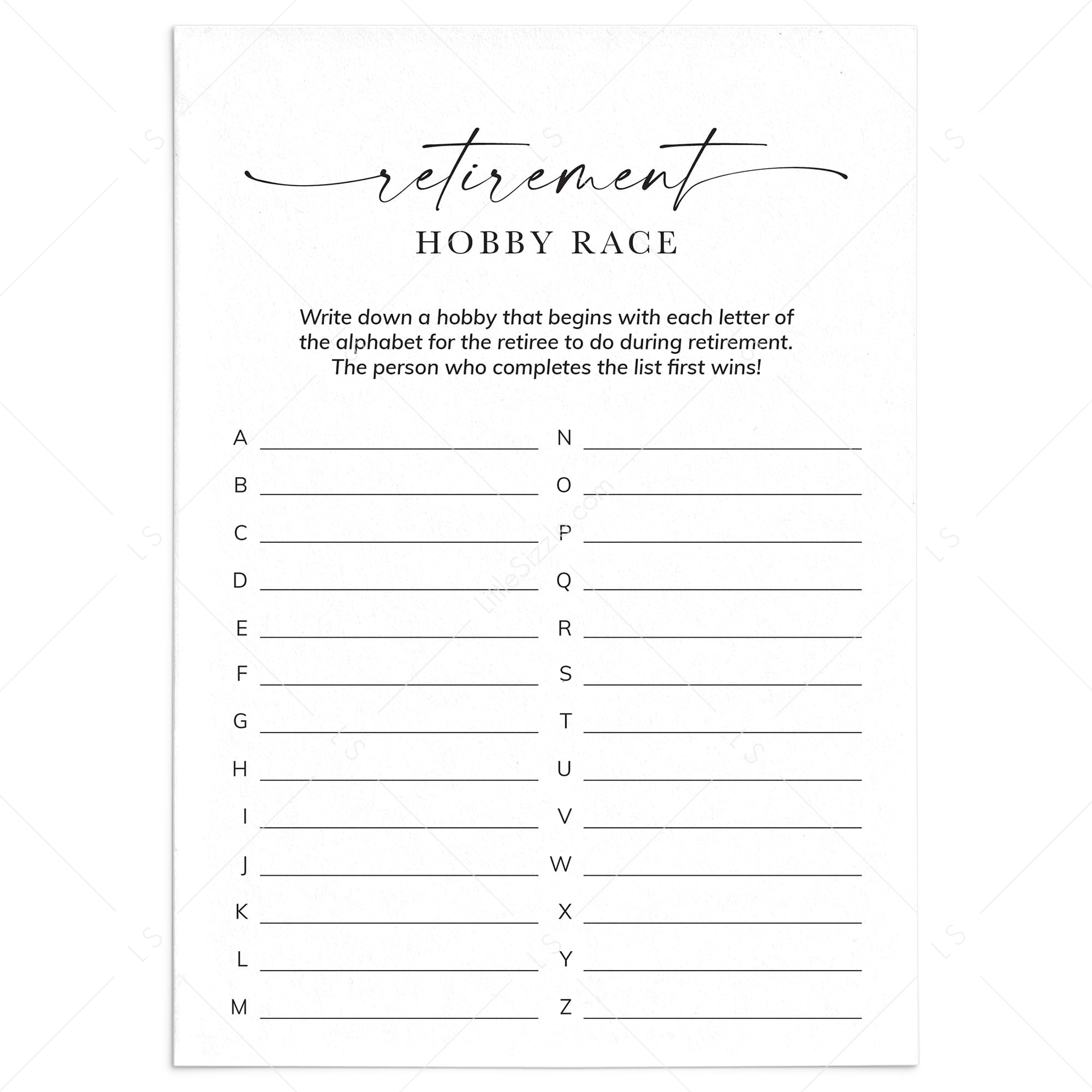 Printable Retirement Hobbies A-Z Race Game by LittleSizzle