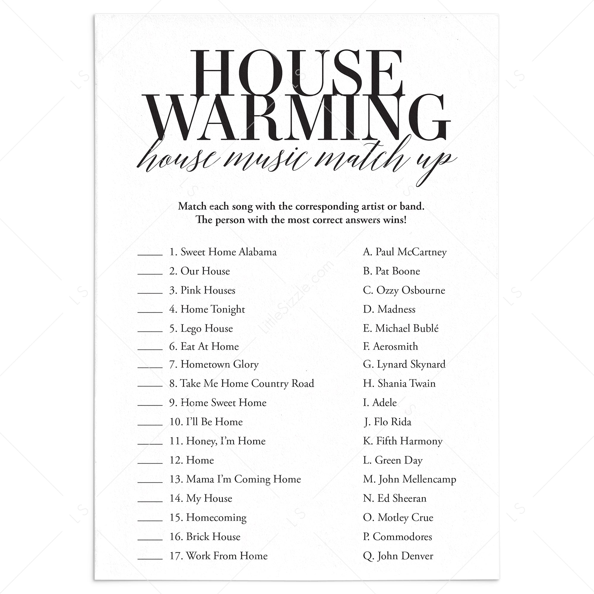 Printable Housewarming Game Music Match With Answers by LittleSizzle