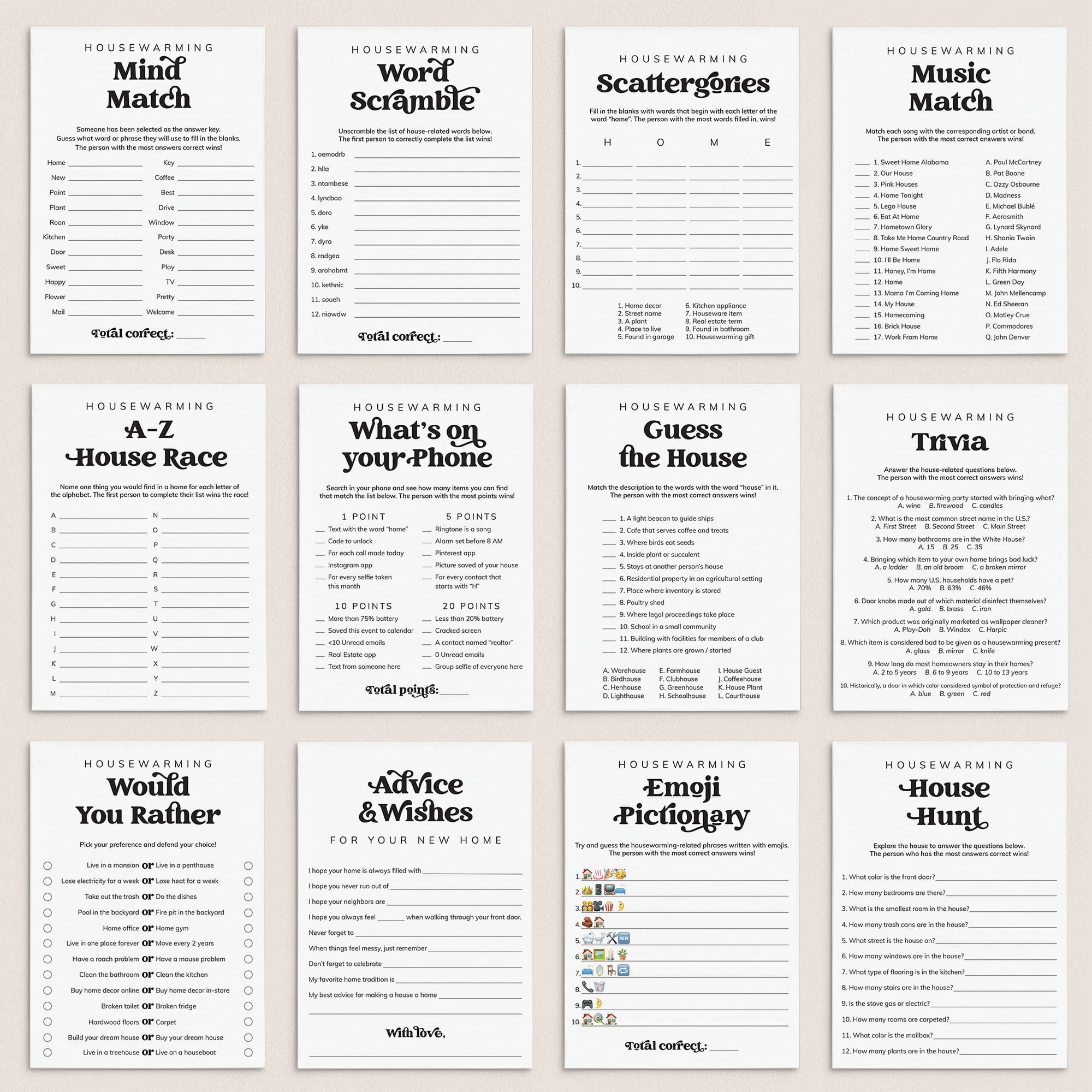 Printable Housewarming Games Bundle | New Home Games & Activities by LittleSizzle