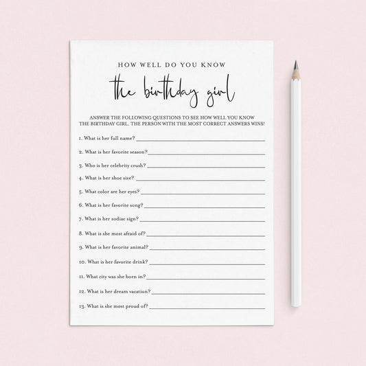 Womens Birthday Game Printable How Well Do You Know The Birthday Girl by LittleSizzle