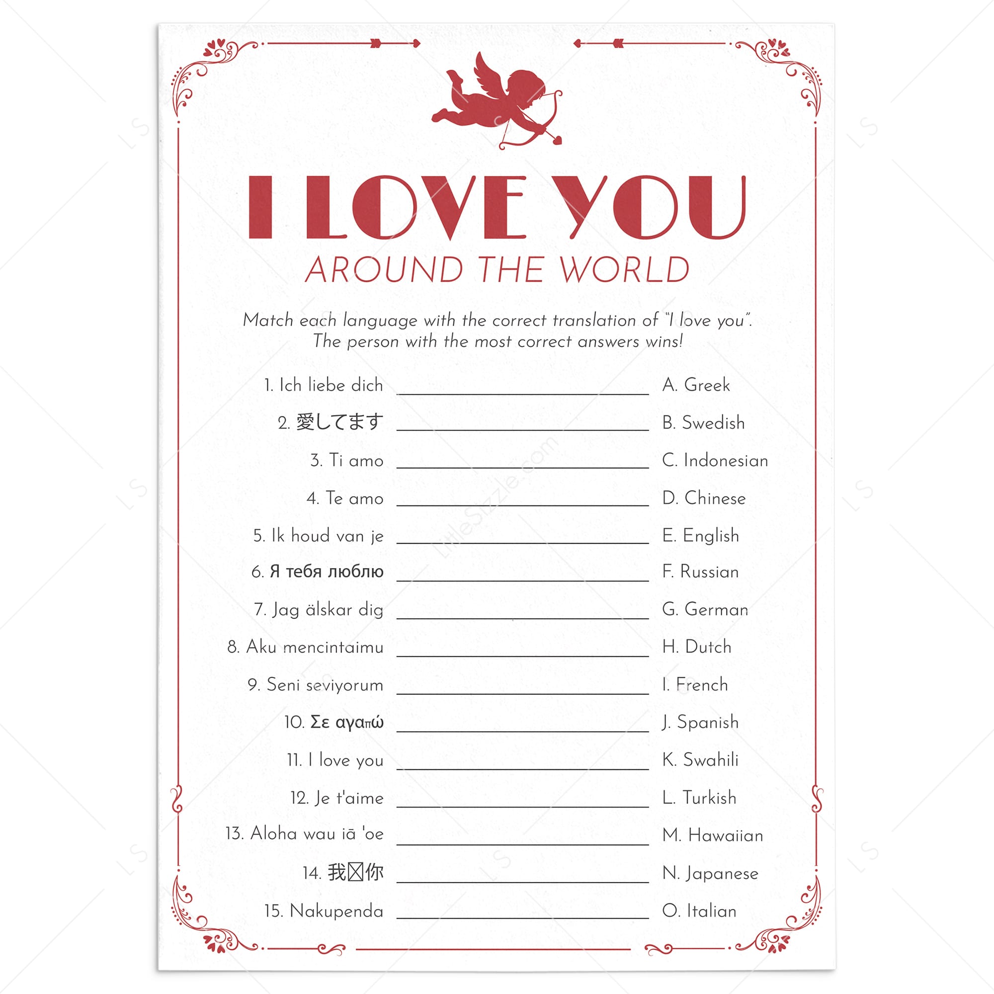 Printable I Love You Around The World Game with Answer Key by LittleSizzle