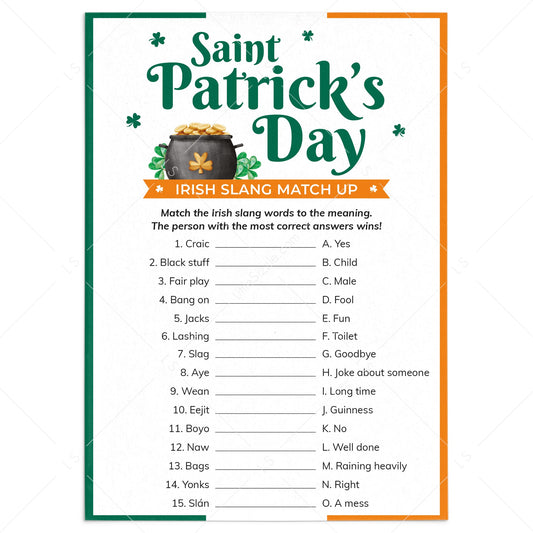 Irish Slang Match Up St Patricks Day Game Printable by LittleSizzle