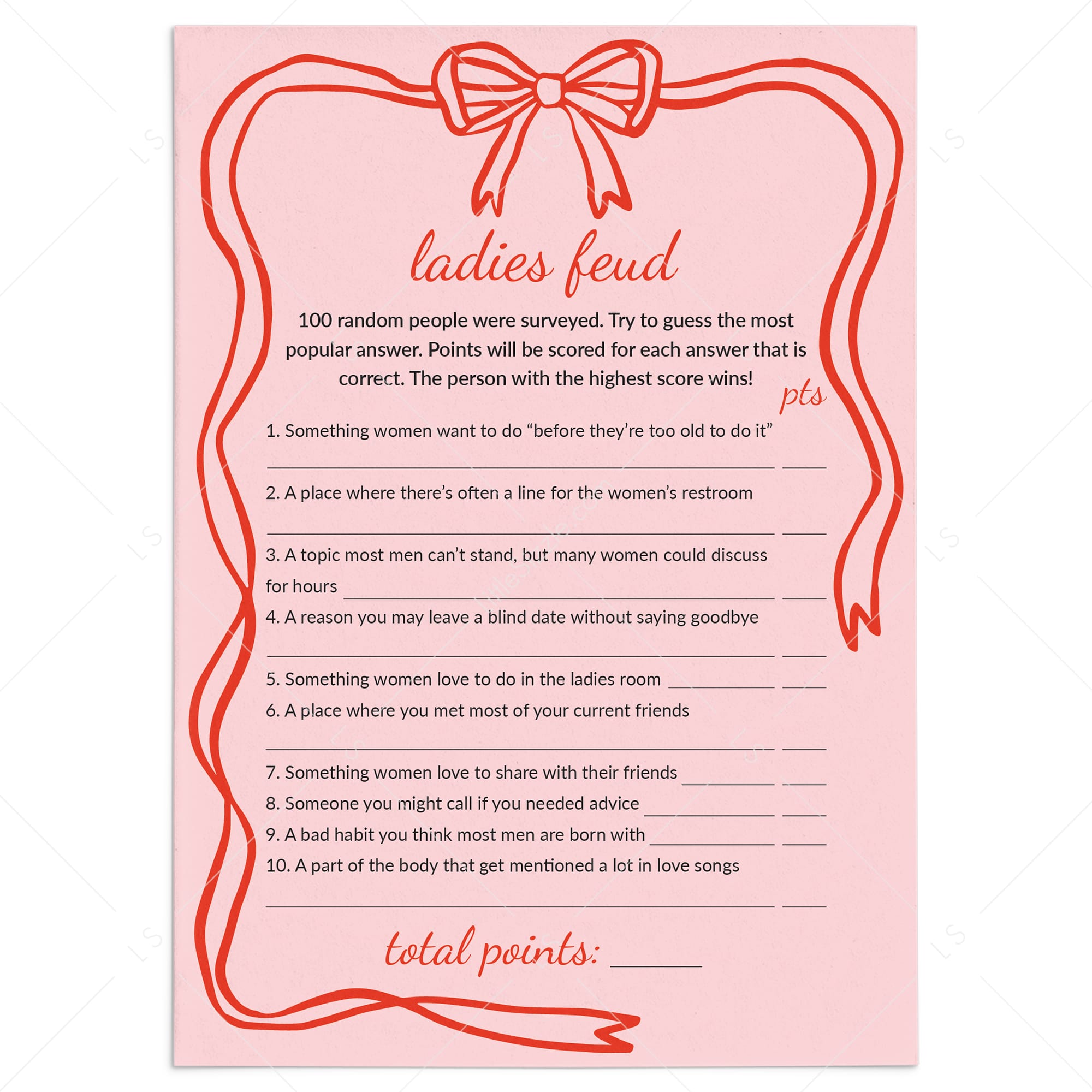 Pink Wavy Border Ladies Feud Game with Answers Printable by LittleSizzle