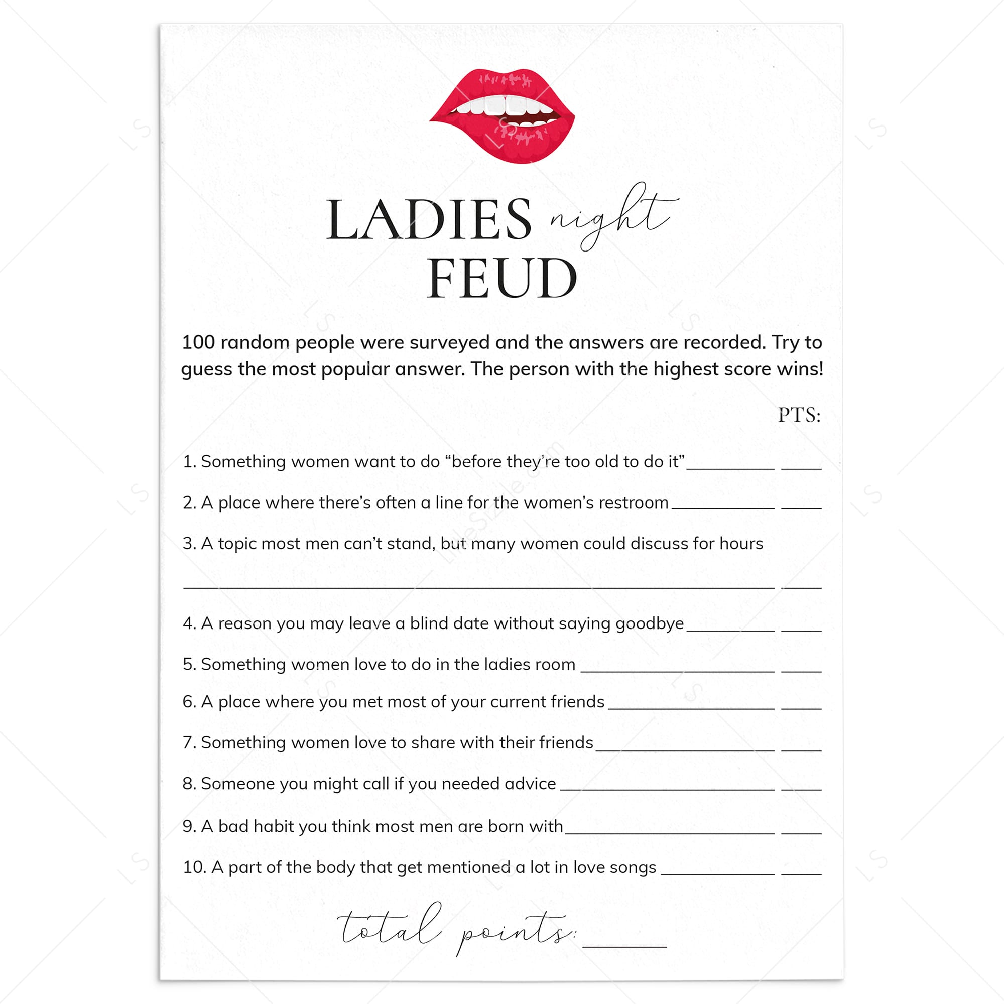 Ladies Night Feud Questions and Answers Printable by LittleSizzle