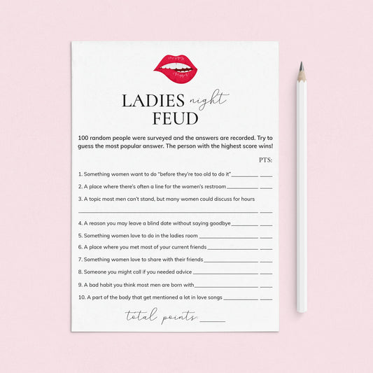 Ladies Night Feud Questions and Answers Printable by LittleSizzle