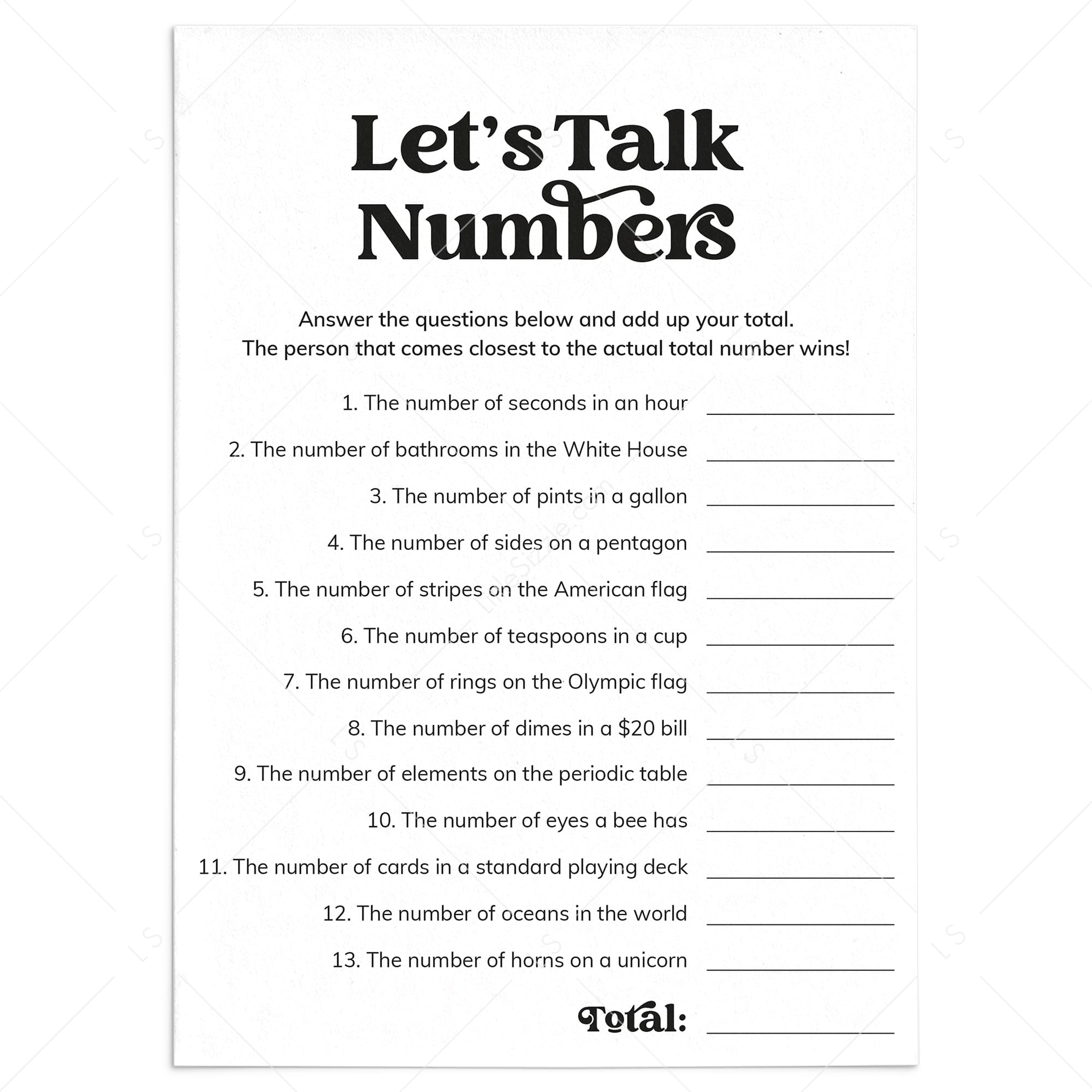 Let's Talk Numbers Game with Answers Printable by LittleSizzle