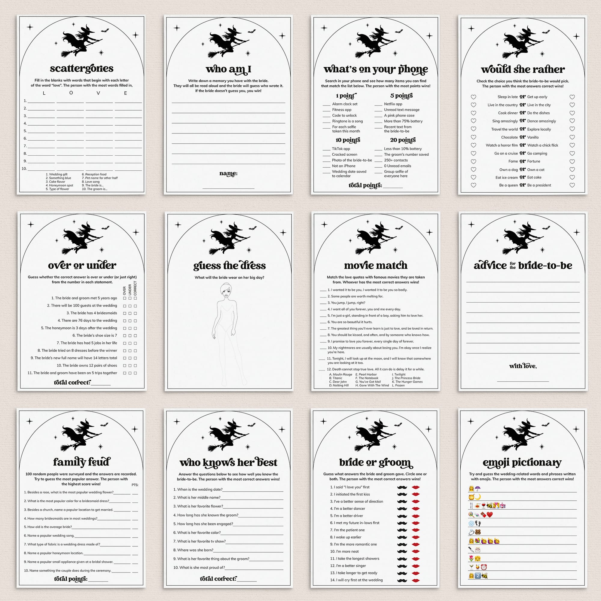 This Witch Is Getting Hitched Bridal Shower Bundle Printable | 12 Popular Games by LittleSizzle