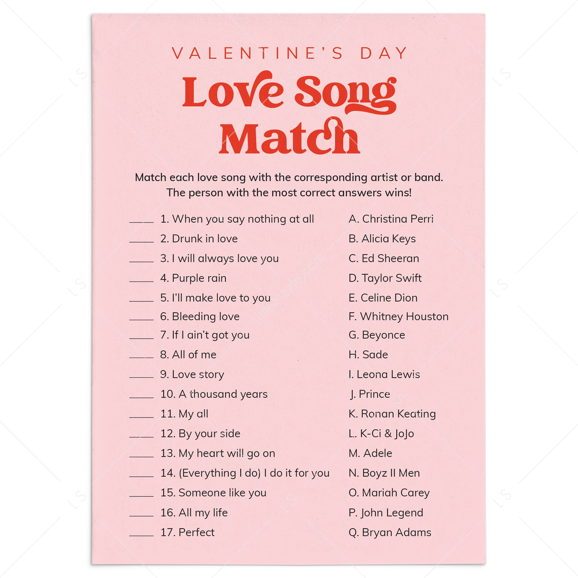 Printable Valentine Love Song Match Game with Answers by LittleSizzle