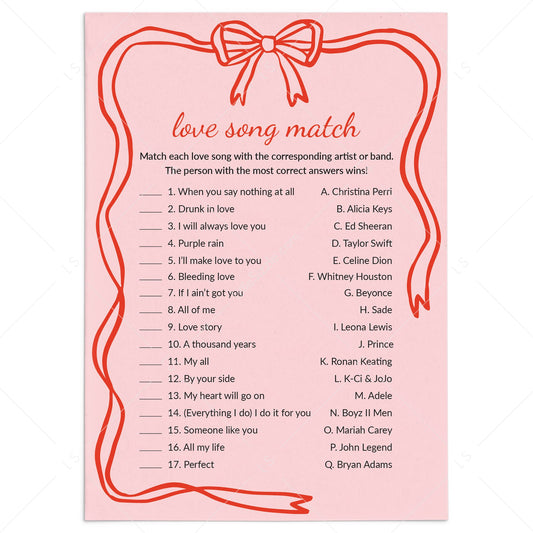 Love Song Game with Answers Printable