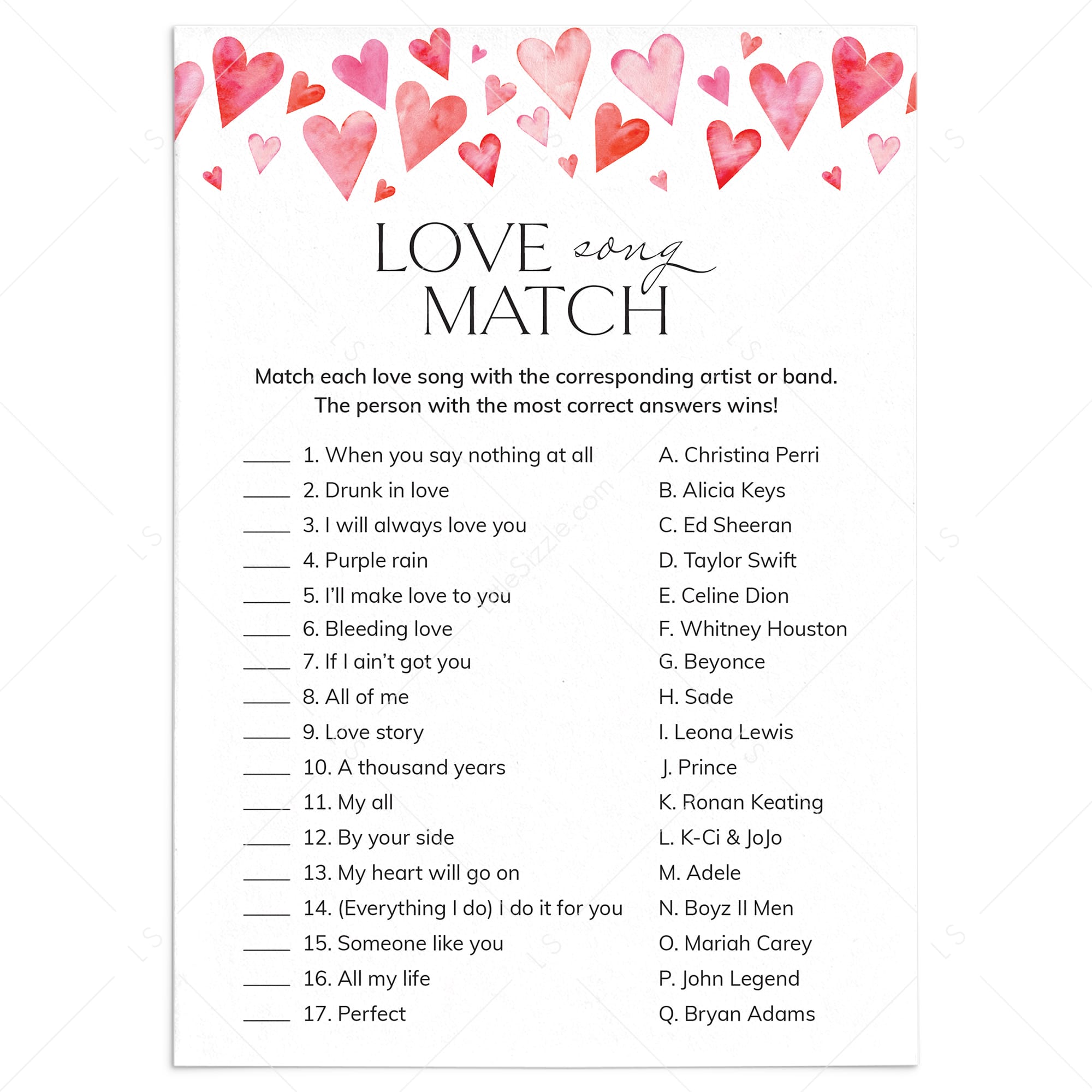 Love Song Match Game Printable with Answers by LittleSizzle