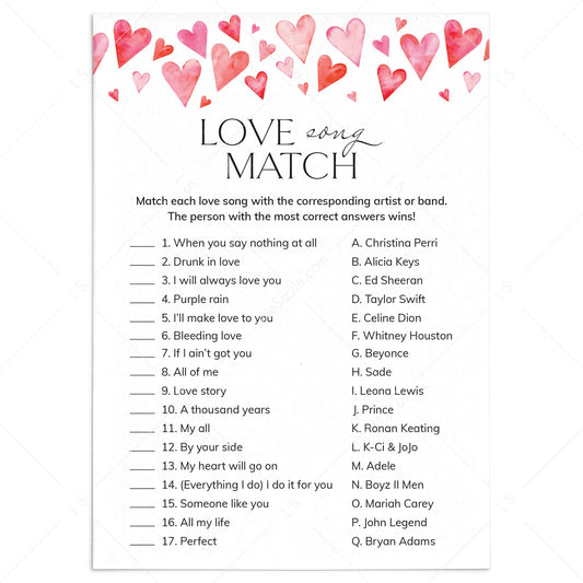 Love Song Match Game Printable with Answers by LittleSizzle